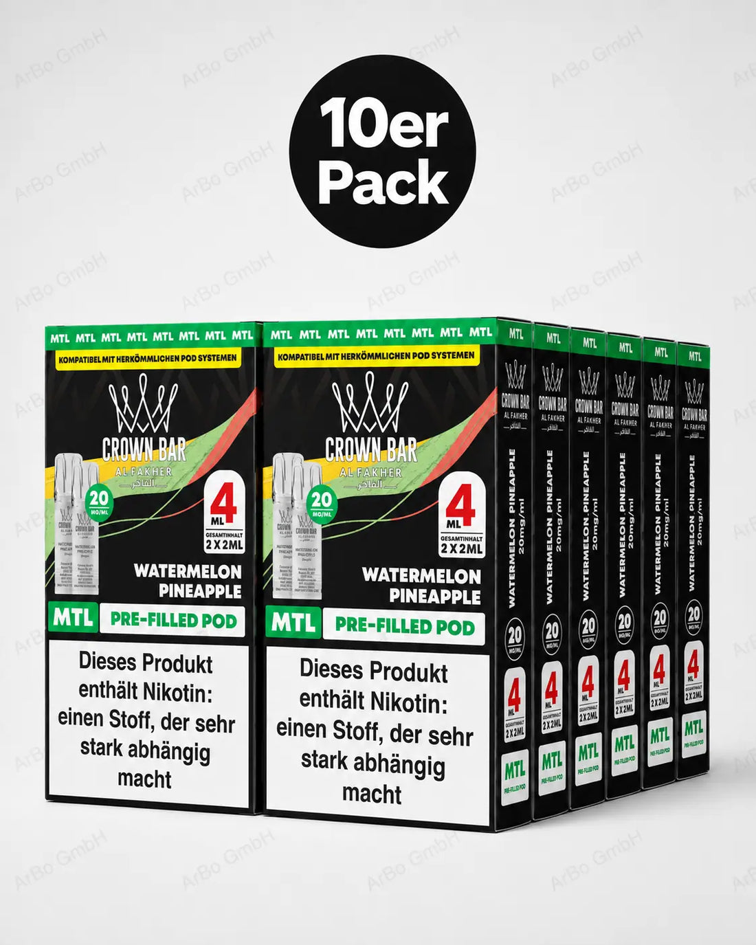 Al Fakher Crown Bar Watermelon Pineapple Pods 2er – tropische Wassermelone-Ananas, sommerlich süß, Prefilled MTL-Pod (2er), ELFA-kompatibel.