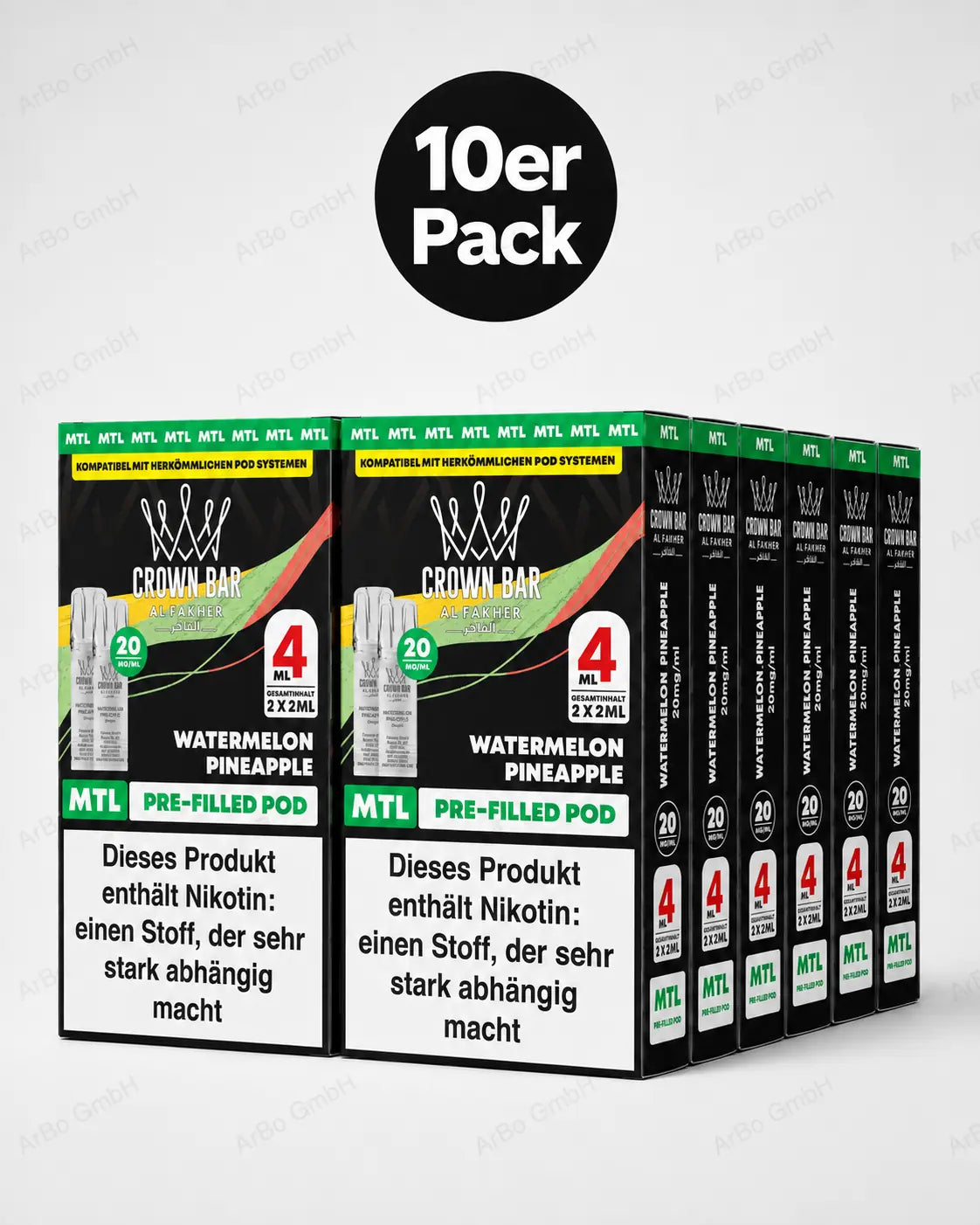 Al Fakher Crown Bar Pods Watermelon Pineapple 10er Pack (10× 2er = 20 Pods) – 20mg/ml Nikotinsalz, MTL Prefilled Pods, ELFA-kompatibel, Wassermelone & Ananas, kompatibel mit gängigen Pod-Systemen