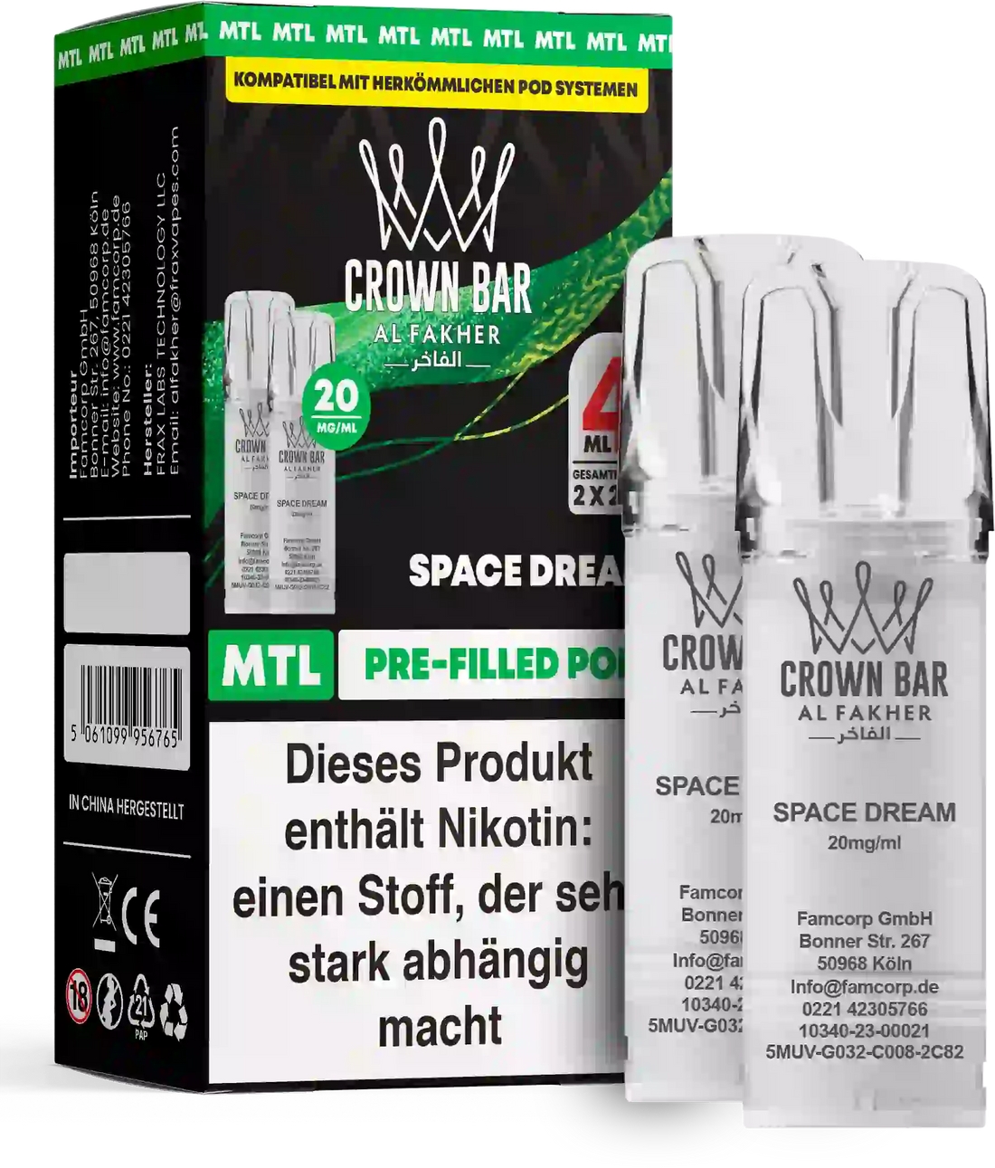 Al Fakher Crown Bar Space Dream Pods 2er – fruchtig-süßer Mystery-Mix für Abenteuerlustige, MTL Prefilled Pod (2er), ELFA Pods.