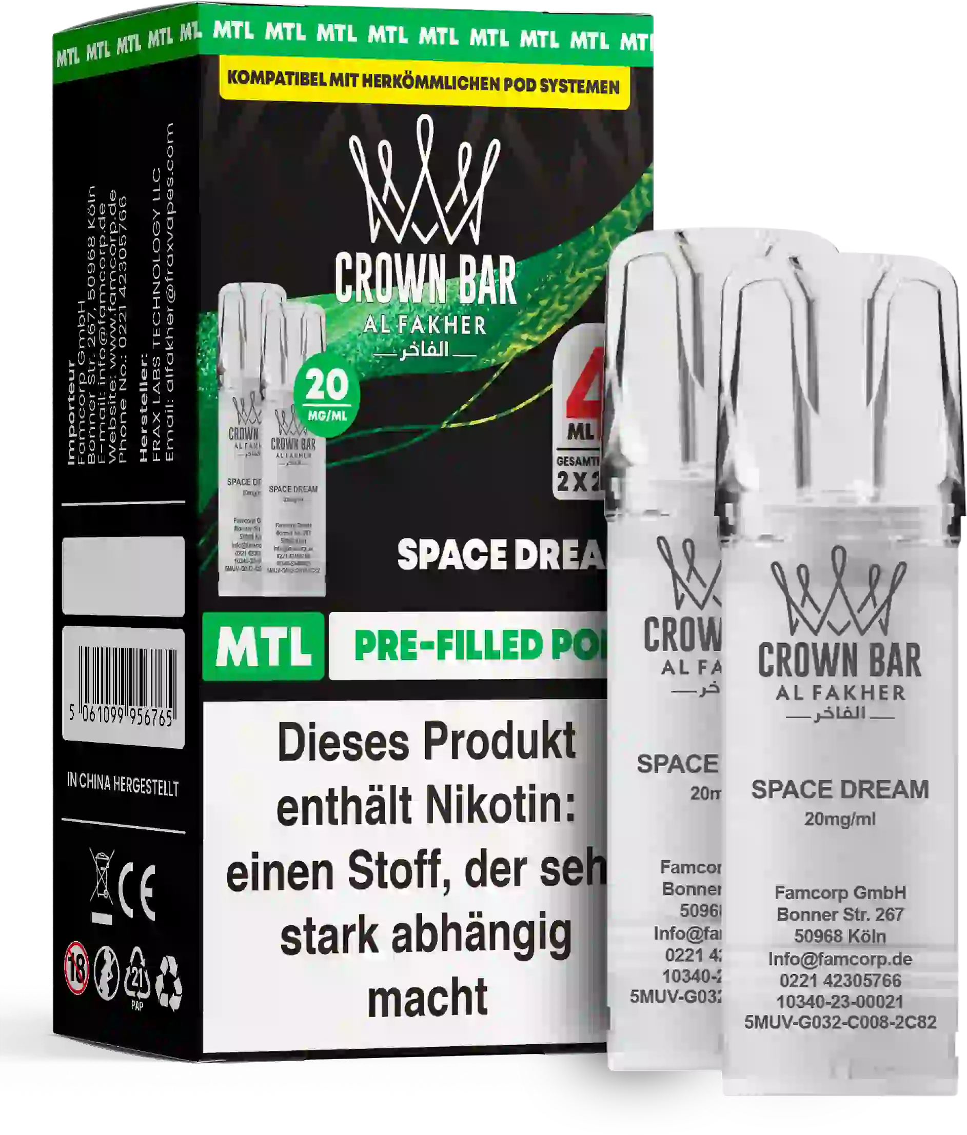 Al Fakher Crown Bar Space Dream Pods 2er – fruchtig-süßer Mystery-Mix für Abenteuerlustige, MTL Prefilled Pod (2er), ELFA Pods.