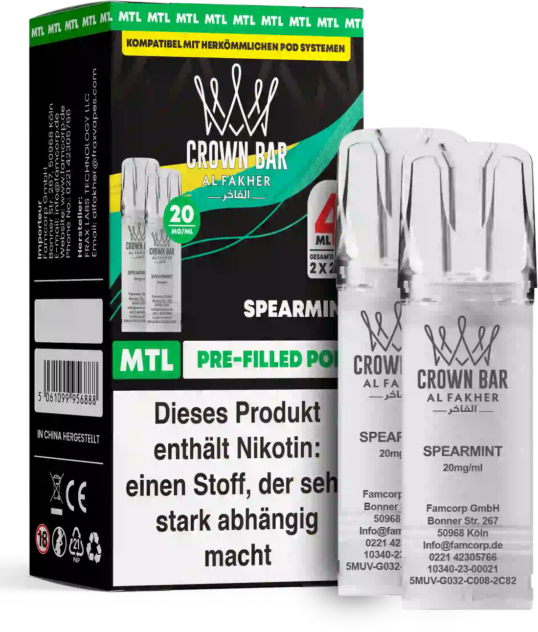 Al Fakher Crown Bar Spearmint Pods 2er – milde grüne Minze, erfrischend und klar, 20 mg/ml Nikotinsalz, Pod im Doppelpack kaufen.