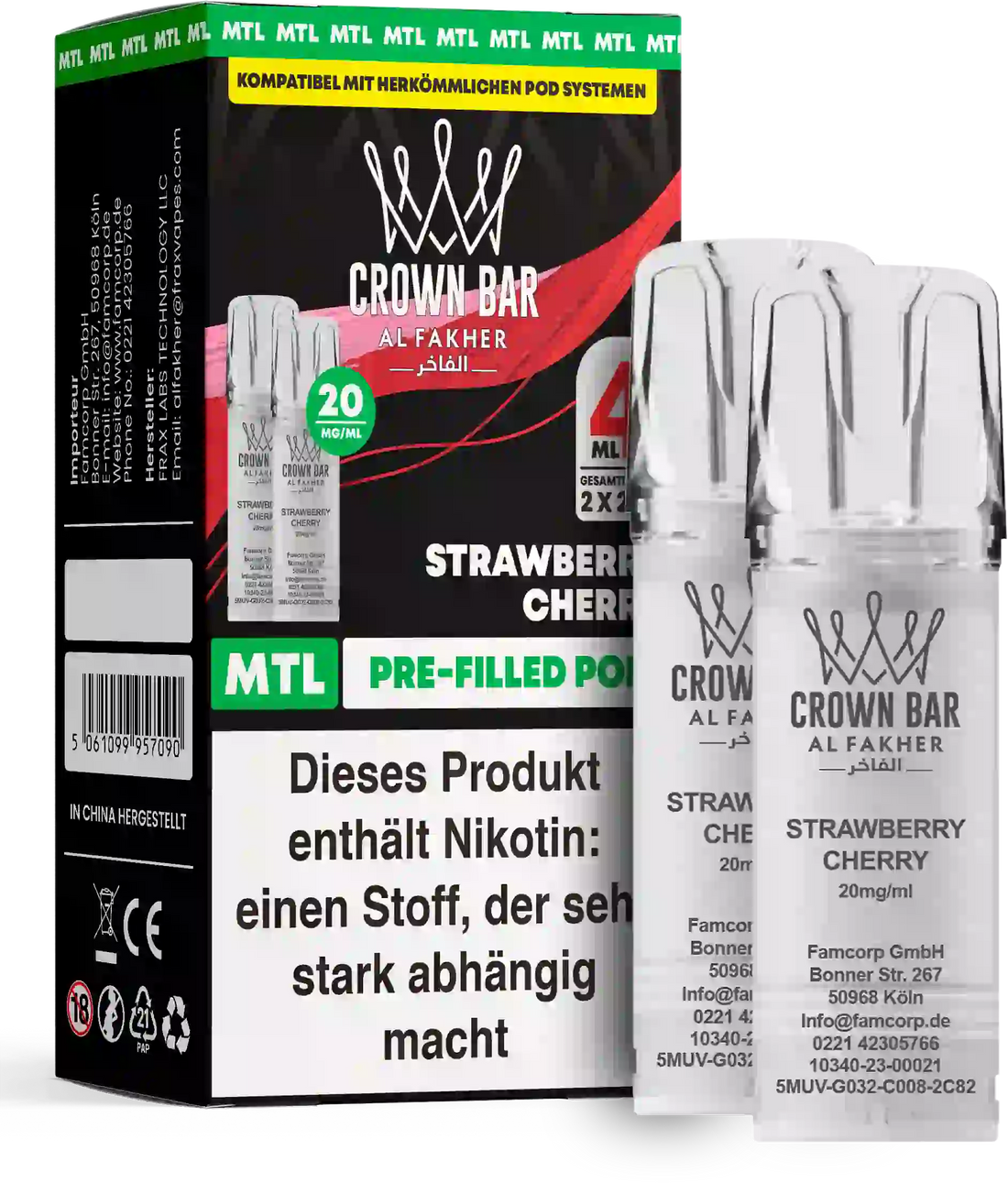 Al Fakher Crown Bar Strawberry Cherry Pods 2er – süße Erdbeere trifft reife Kirsche, vorbefüllter MTL-Pod, ELFA-kompatibel, 2×2 ml.