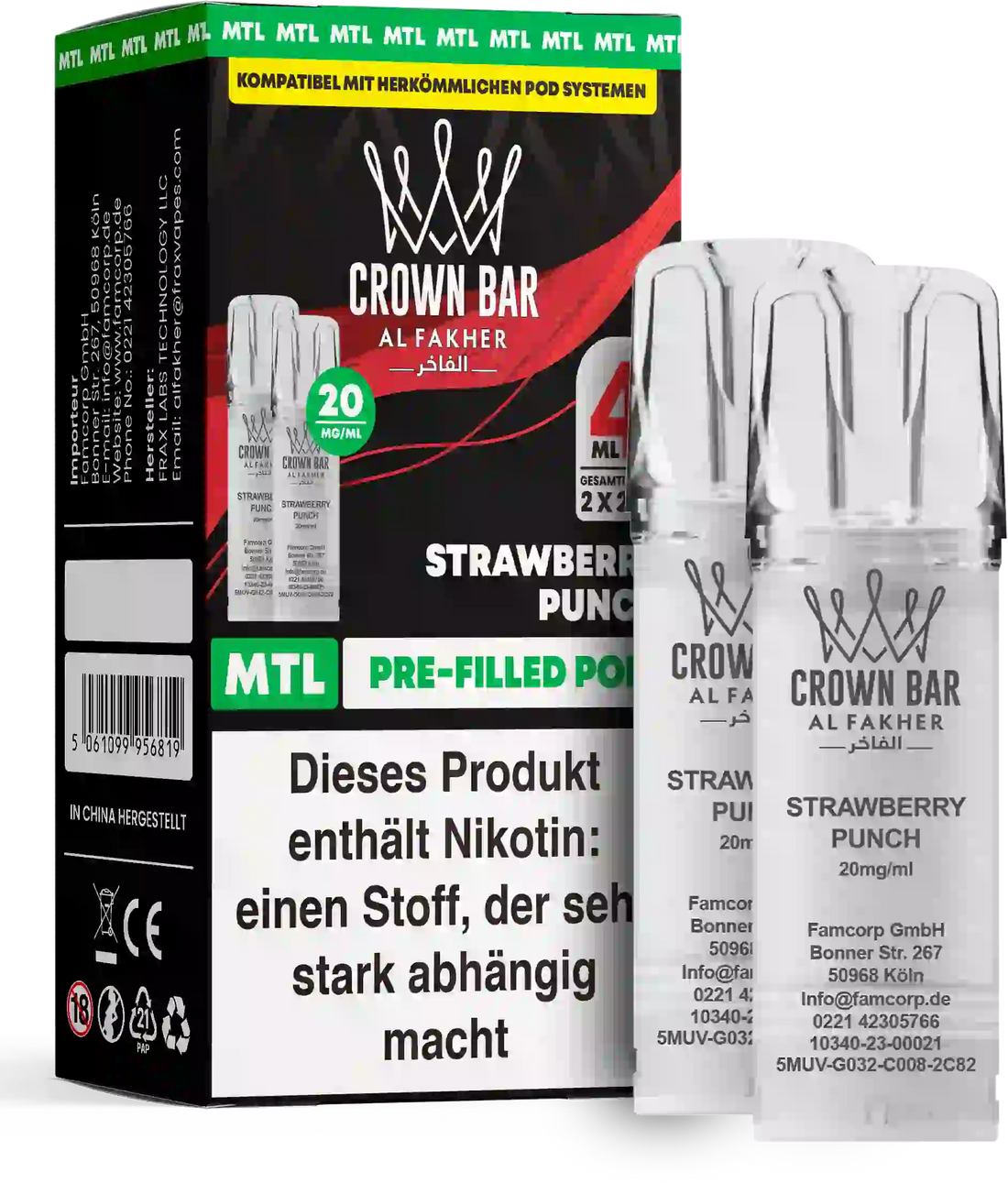 Al Fakher Crown Bar Strawberry Punch Pods 2er – fruchtiger Erdbeer-Punch, sommerlich süß, Prefilled Pod mit 20 mg Nikotinsalz, bis zu 600 Züge.