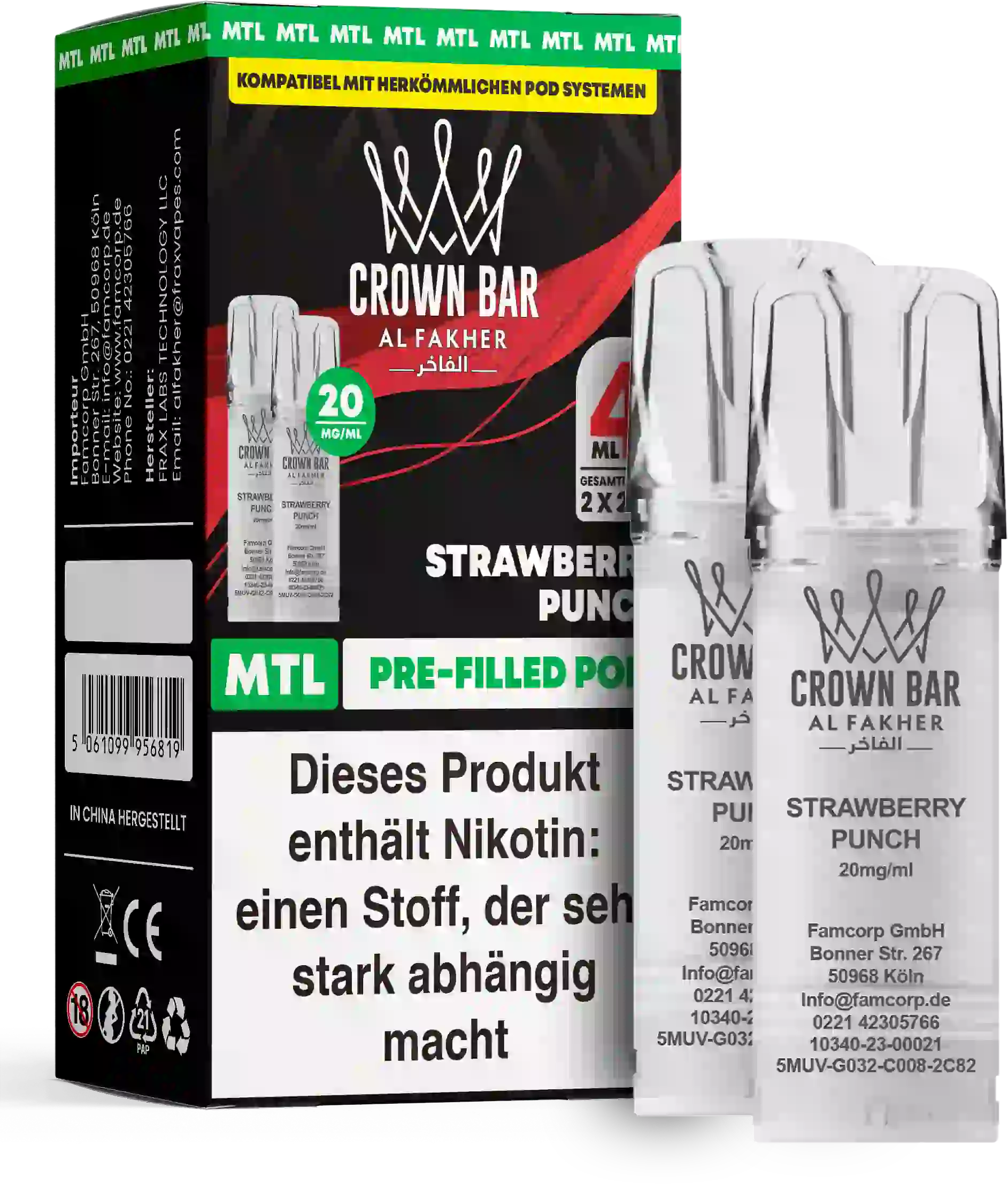 Al Fakher Crown Bar Strawberry Punch Pods 2er – fruchtiger Erdbeer-Punch, sommerlich süß, Prefilled Pod mit 20 mg Nikotinsalz, bis zu 600 Züge.
