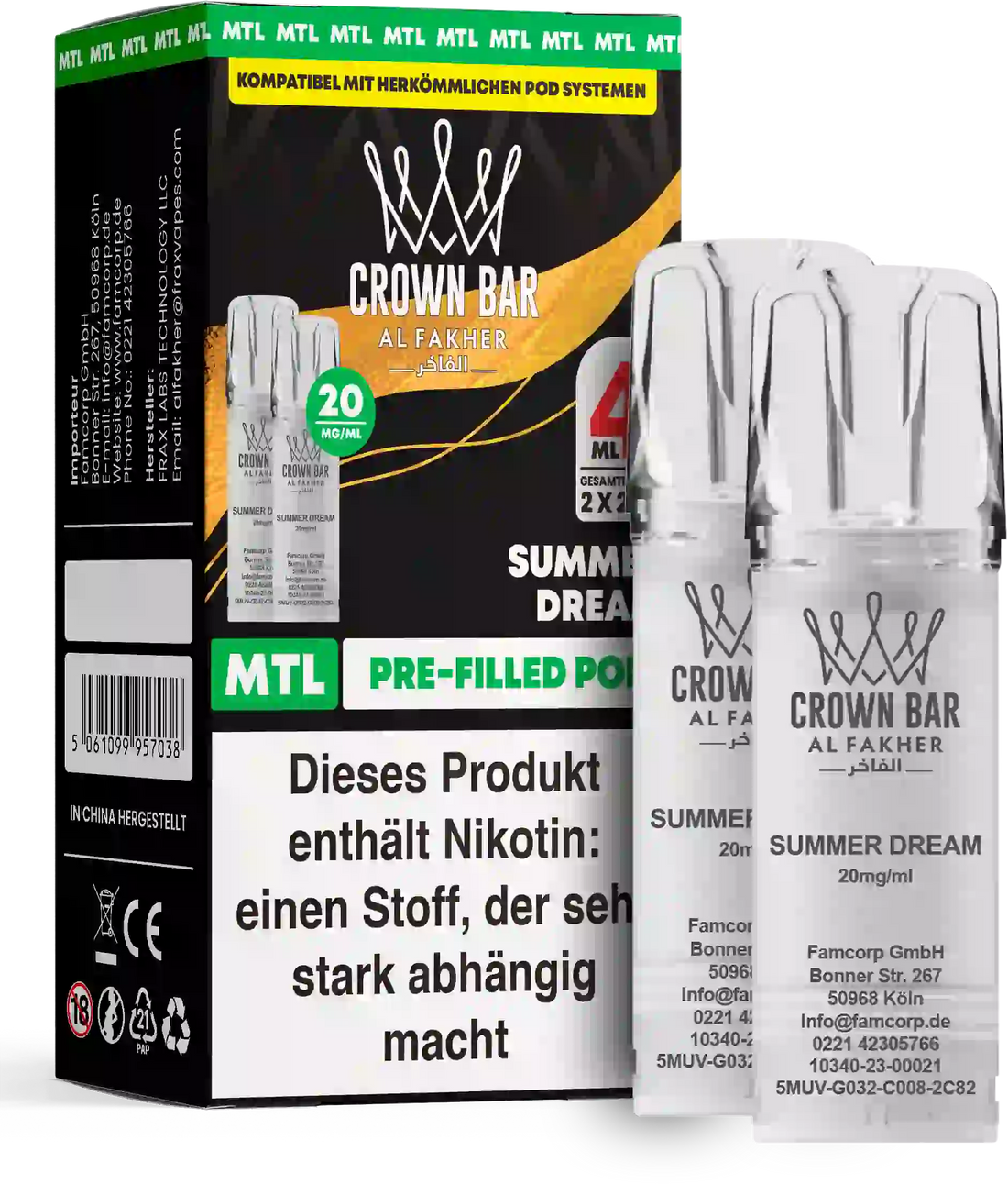 Al Fakher Crown Bar Summer Dream Pods 2er – sommerlicher Fruchtmix für sonnige Tage, MTL-Pod (2er) für ELFA Pod-Systeme, jetzt kaufen.
