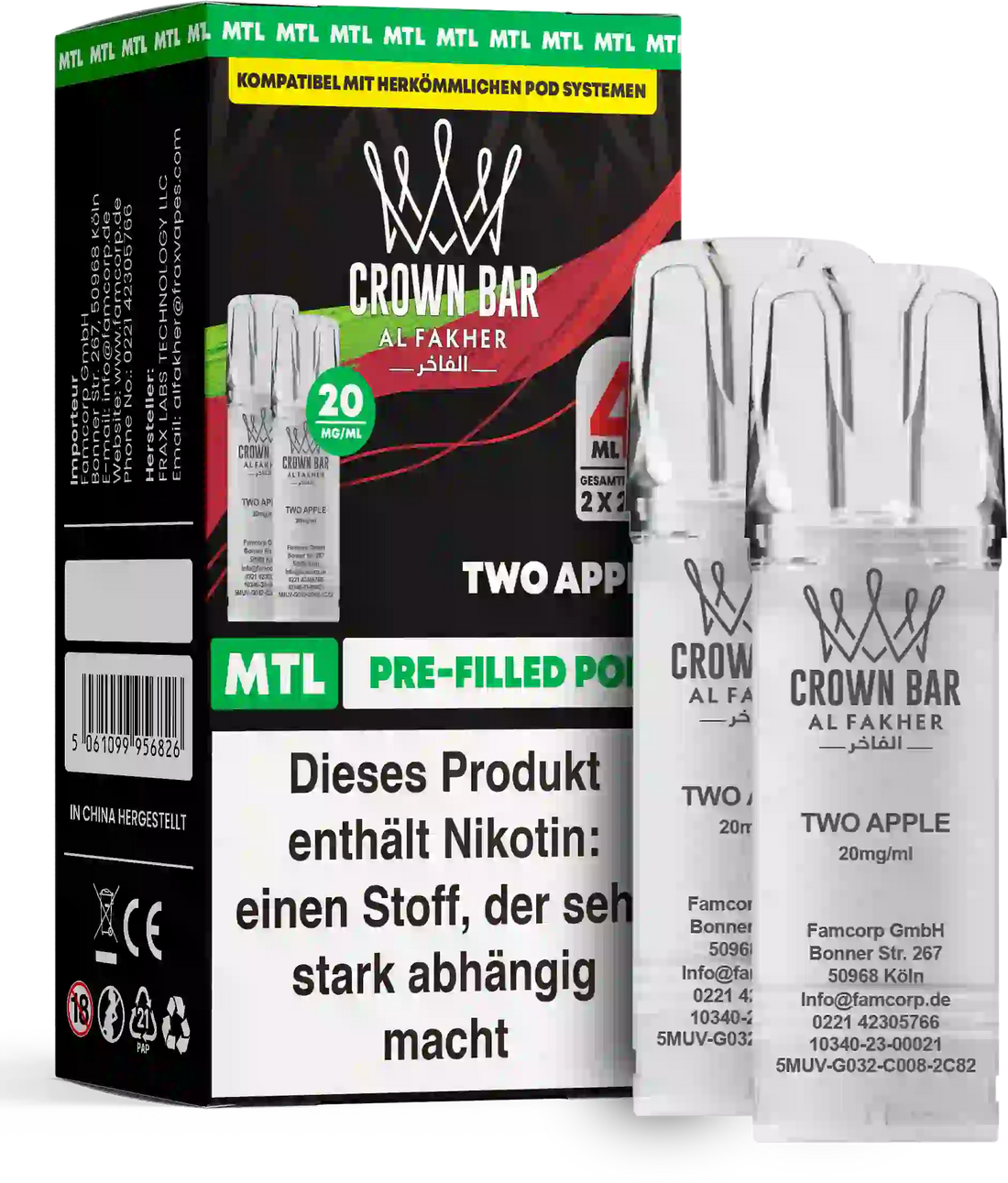 Al Fakher Crown Bar Two Apple Pods 2er – der legendäre Doppelapfel aus der Al-Fakher-Shisha-DNA, vorbefüllter MTL-Pod, 20 mg Nikotinsalz.