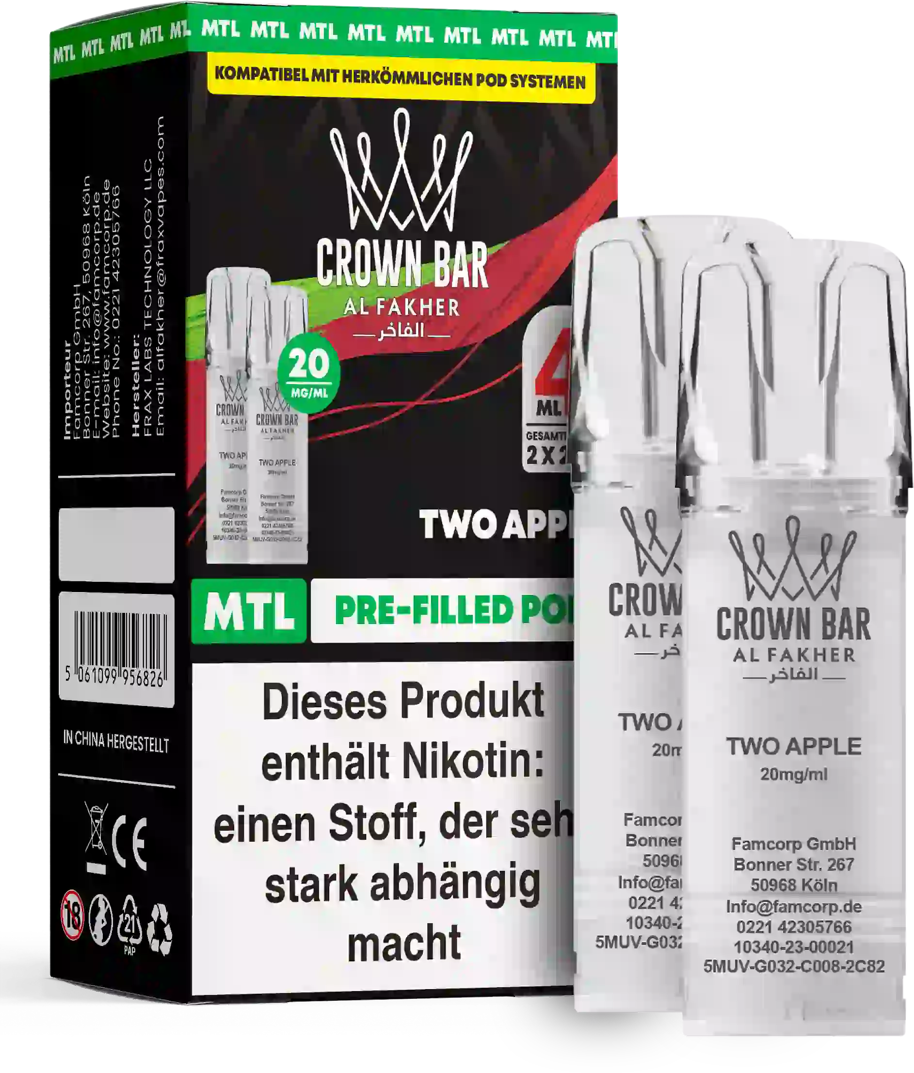 Al Fakher Crown Bar Two Apple Pods 2er – der legendäre Doppelapfel aus der Al-Fakher-Shisha-DNA, vorbefüllter MTL-Pod, 20 mg Nikotinsalz.