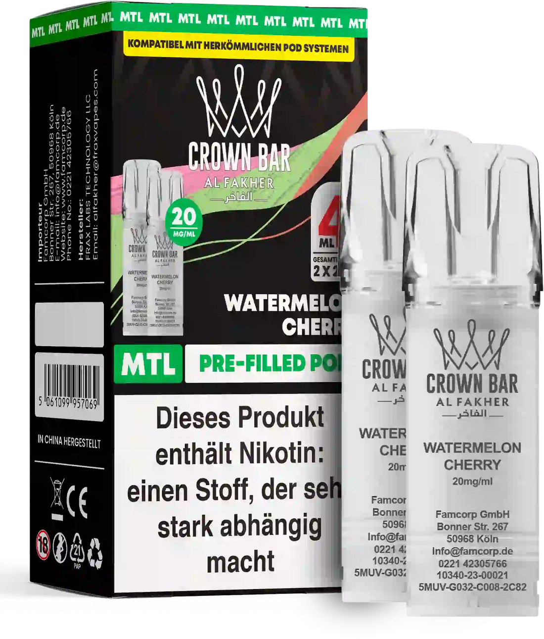 Al Fakher Crown Bar Watermelon Cherry Pods 2er – saftige Wassermelone mit süßer Kirsche, ELFA-kompatibler Prefilled Pod, 2×2 ml 20 mg.