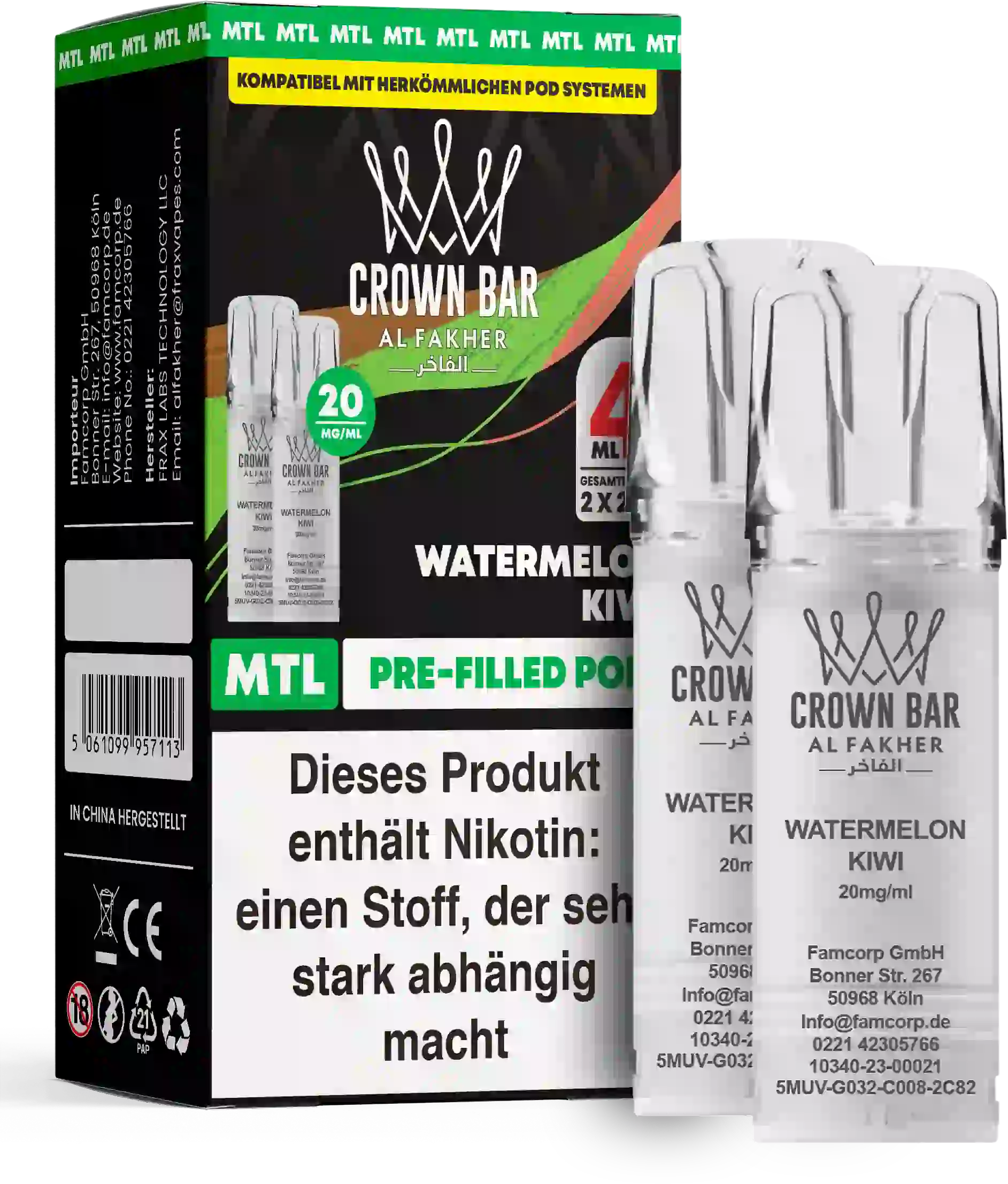 Al Fakher Crown Bar Watermelon Kiwi Pods 2er – Wassermelone trifft spritzige Kiwi, vorbefüllter MTL-Pod im Doppelpack, bis zu 600 Züge.