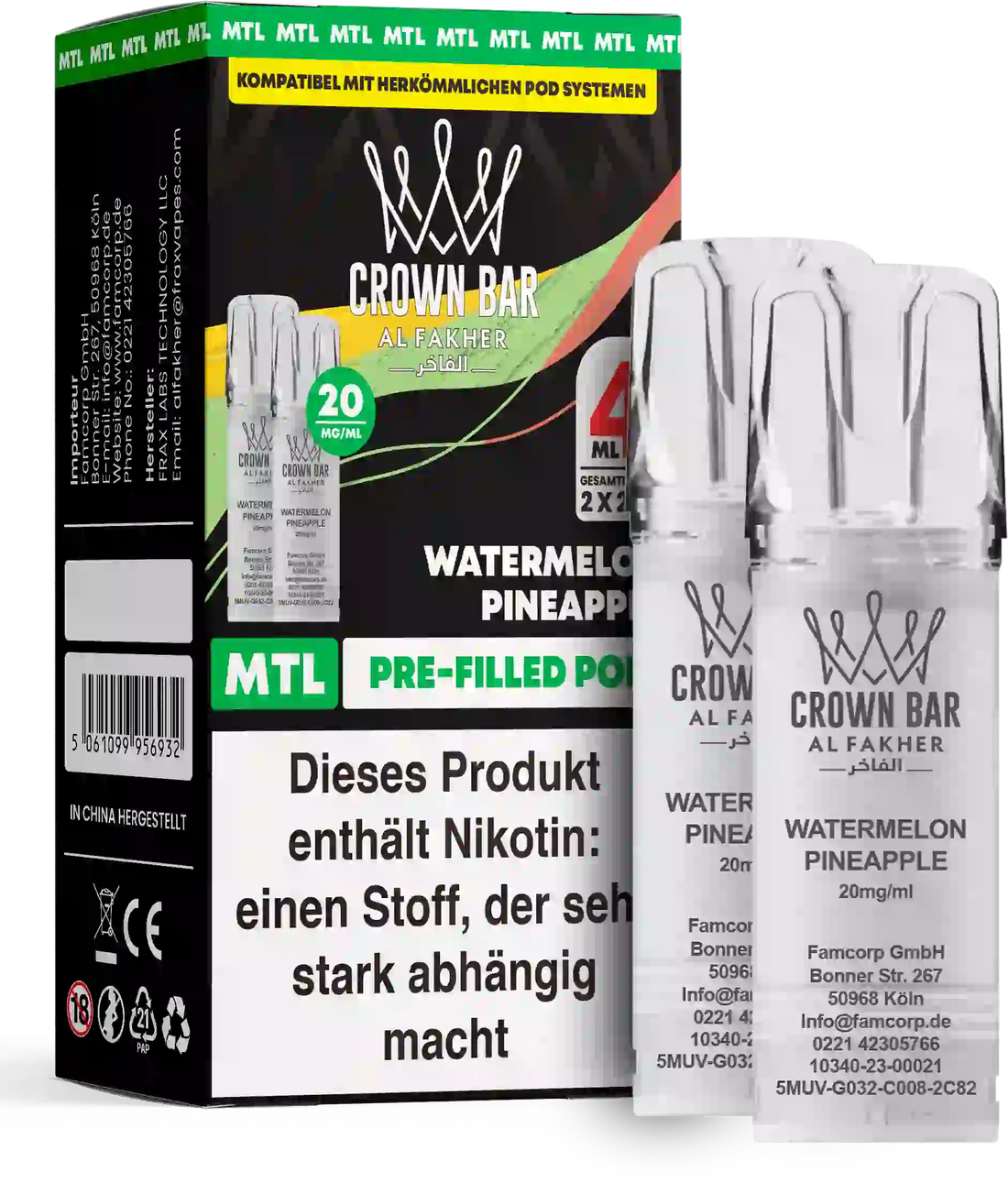 Al Fakher Crown Bar Watermelon Pineapple Pods 2er – tropische Wassermelone-Ananas, sommerlich süß, Prefilled MTL-Pod (2er), ELFA-kompatibel.