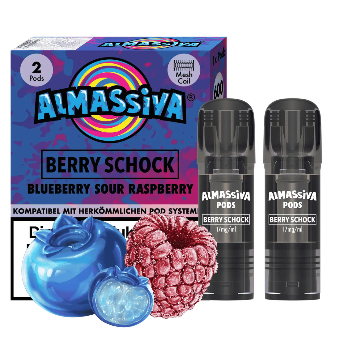 Almassiva Pods Berry Schock (Blueberry Sour Raspberry) 2er – 17mg/ml, 600 Züge, Mesh Coil, mit Blaubeere & saurer Himbeere, kompatibel mit gängigen Pod-Systemen