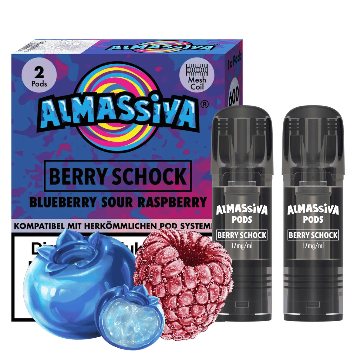 Almassiva Pods Berry Schock (Blueberry Sour Raspberry) 2er – 17mg/ml, 600 Züge, Mesh Coil, mit Blaubeere & saurer Himbeere, kompatibel mit gängigen Pod-Systemen