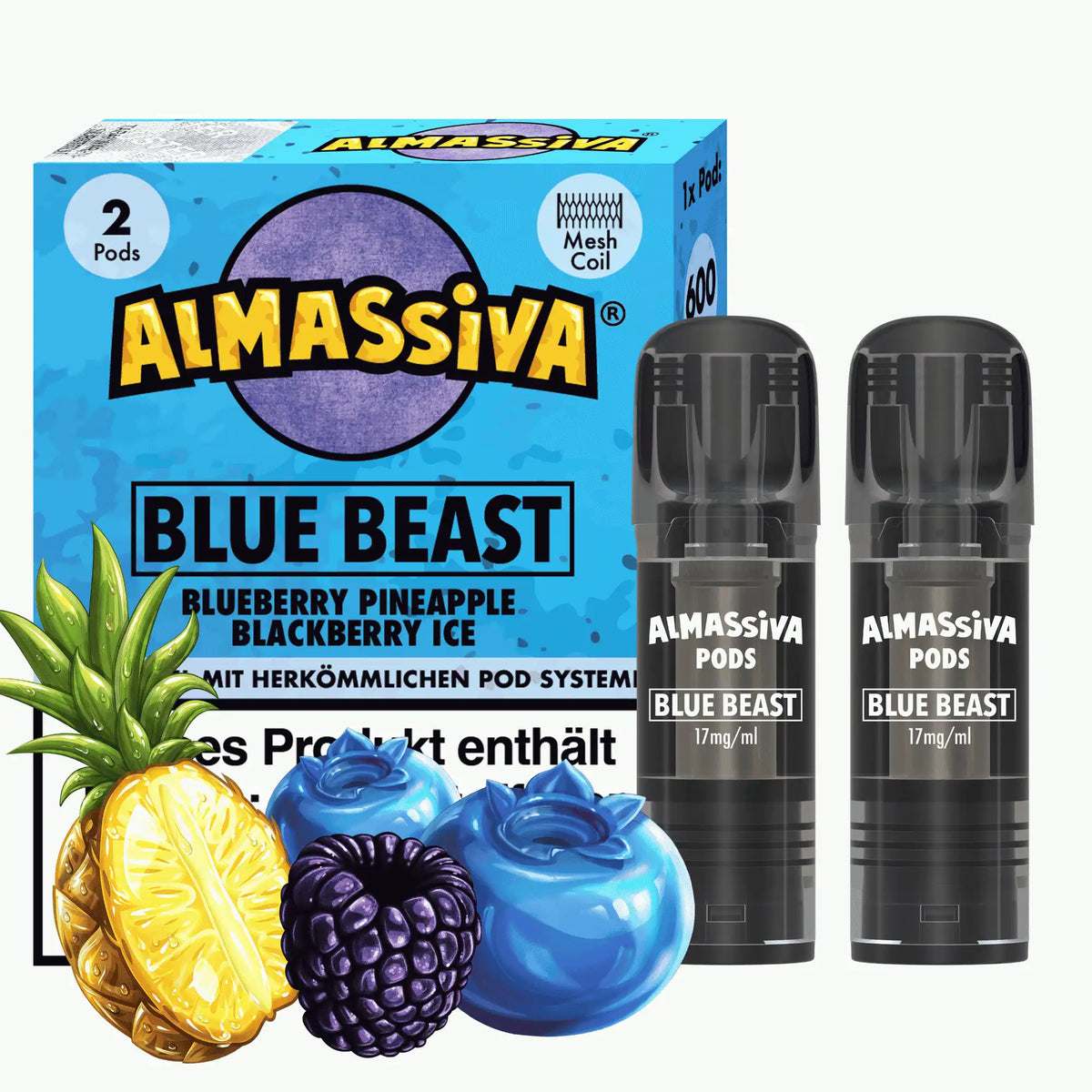 Almassiva Pods Blue Beast (Blueberry Pineapple Blackberry Ice) 2er – 17mg/ml, 600 Züge, Mesh Coil, mit Blaubeere, Ananas & Brombeere Ice, kompatibel mit gängigen Pod-Systemen