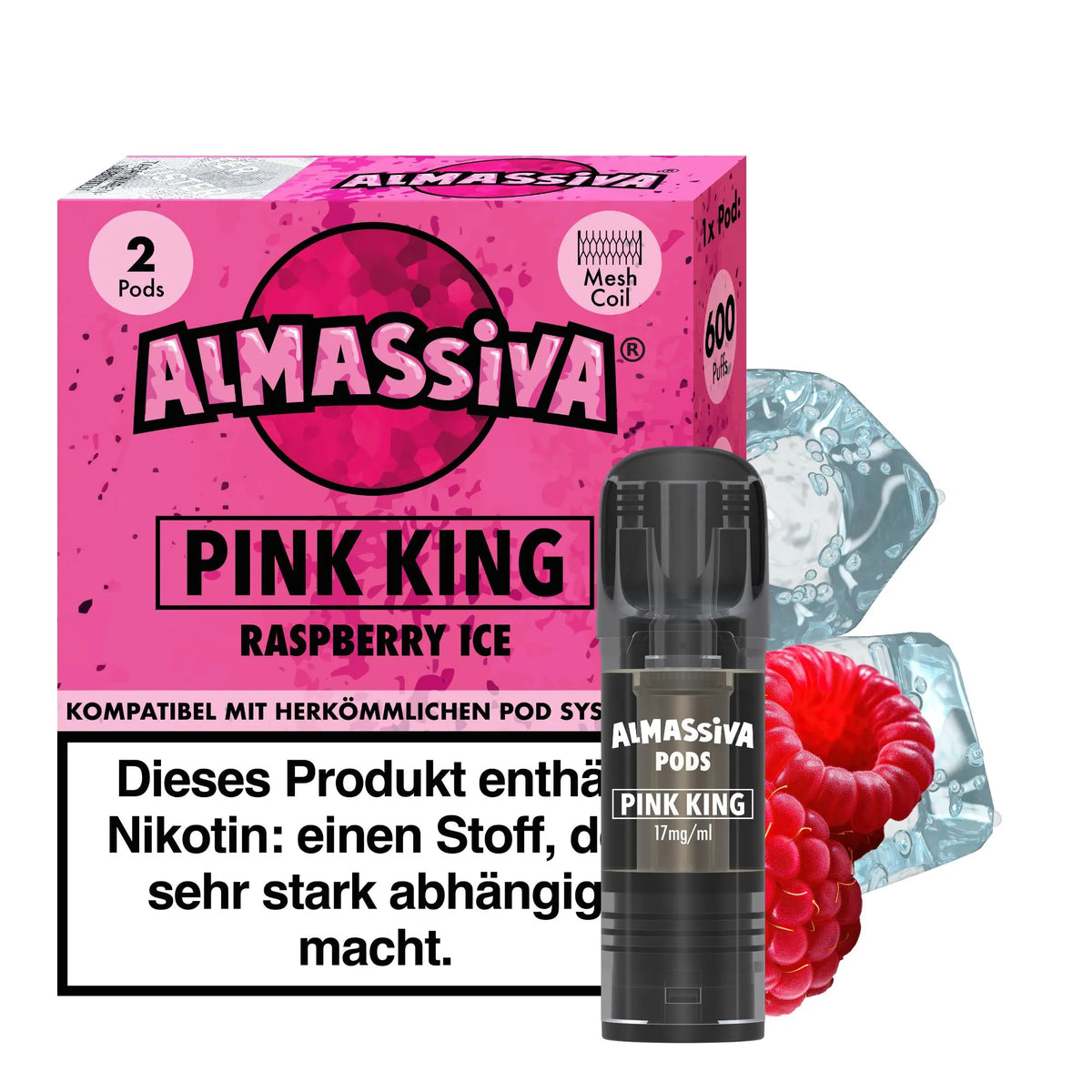 Almassiva Pods Pink King (Raspberry Ice) 2er – 17mg/ml, 600 Züge, Mesh Coil, mit saftiger Himbeere & kühlem Ice-Kick, kompatibel mit gängigen Pod-Systemen