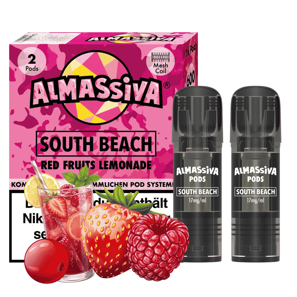 Almassiva Pods South Beach (Red Fruits Lemonade) 2er – 17mg/ml, 600 Züge, Mesh Coil, rote-Früchte-Limonade mit Erdbeere, Himbeere & Zitrone, kompatibel mit gängigen Pod-Systemen