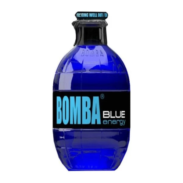 Bomba Energy Drink Blue mit Heidelbeergeschmack in der blauen 250-ml-Granatenflasche