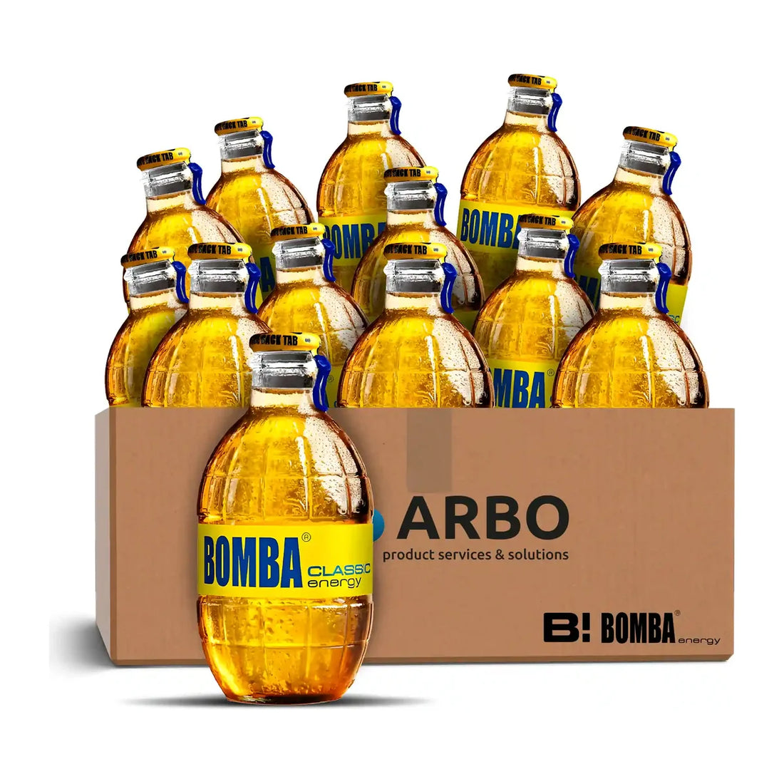 Bomba Energy Drink Classic in der 250-ml-Granatenflasche aus Glas