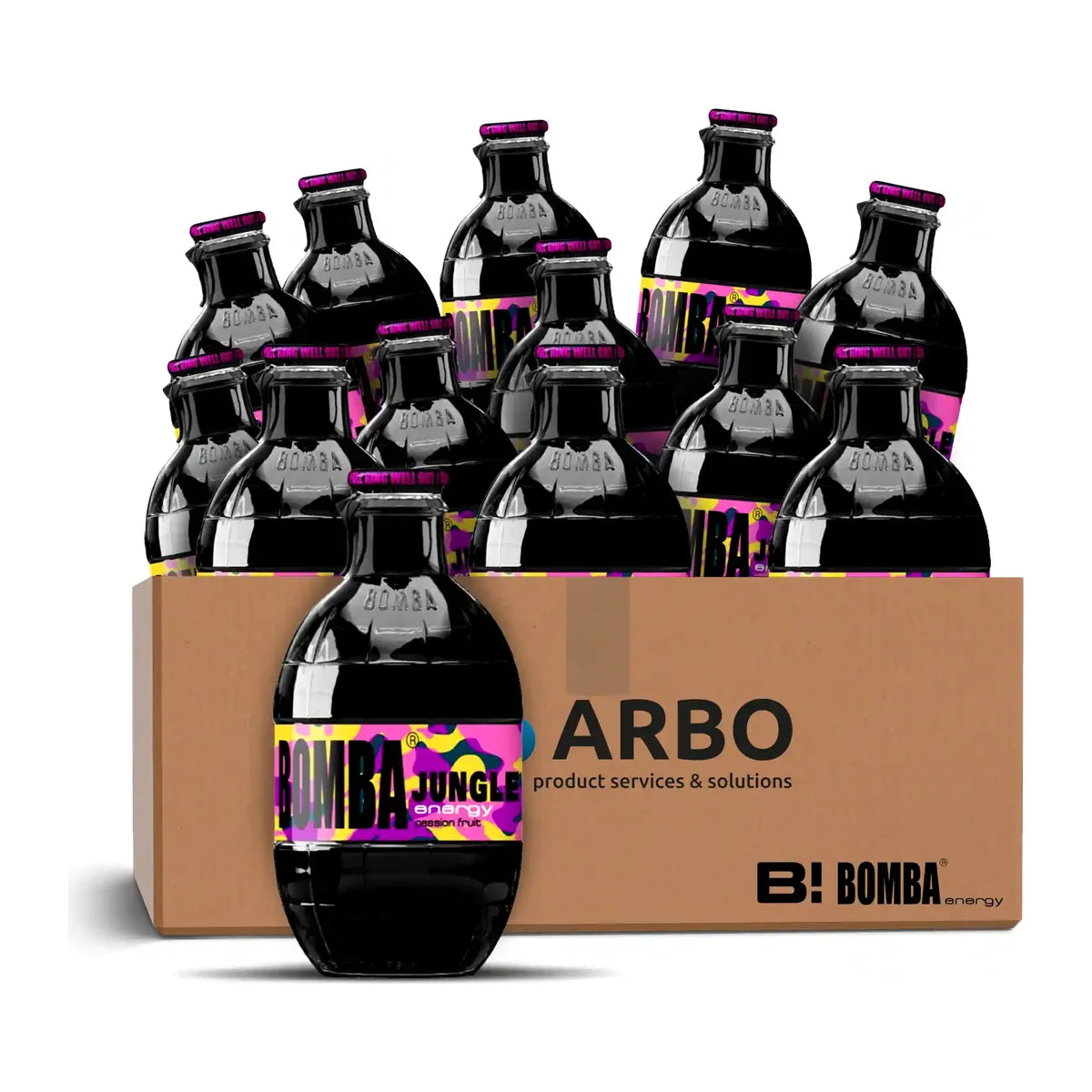 Bomba Energy Drink Jungle Passionfruit, 12er Karton mit 250-ml-Granatenflaschen