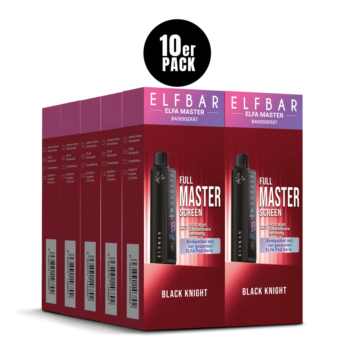 ELFA Master Basisgerät Black Knight 10er Pack – 10 Akkuträger 850 mAh mit Display, USB-C, ELFA kompatibel
