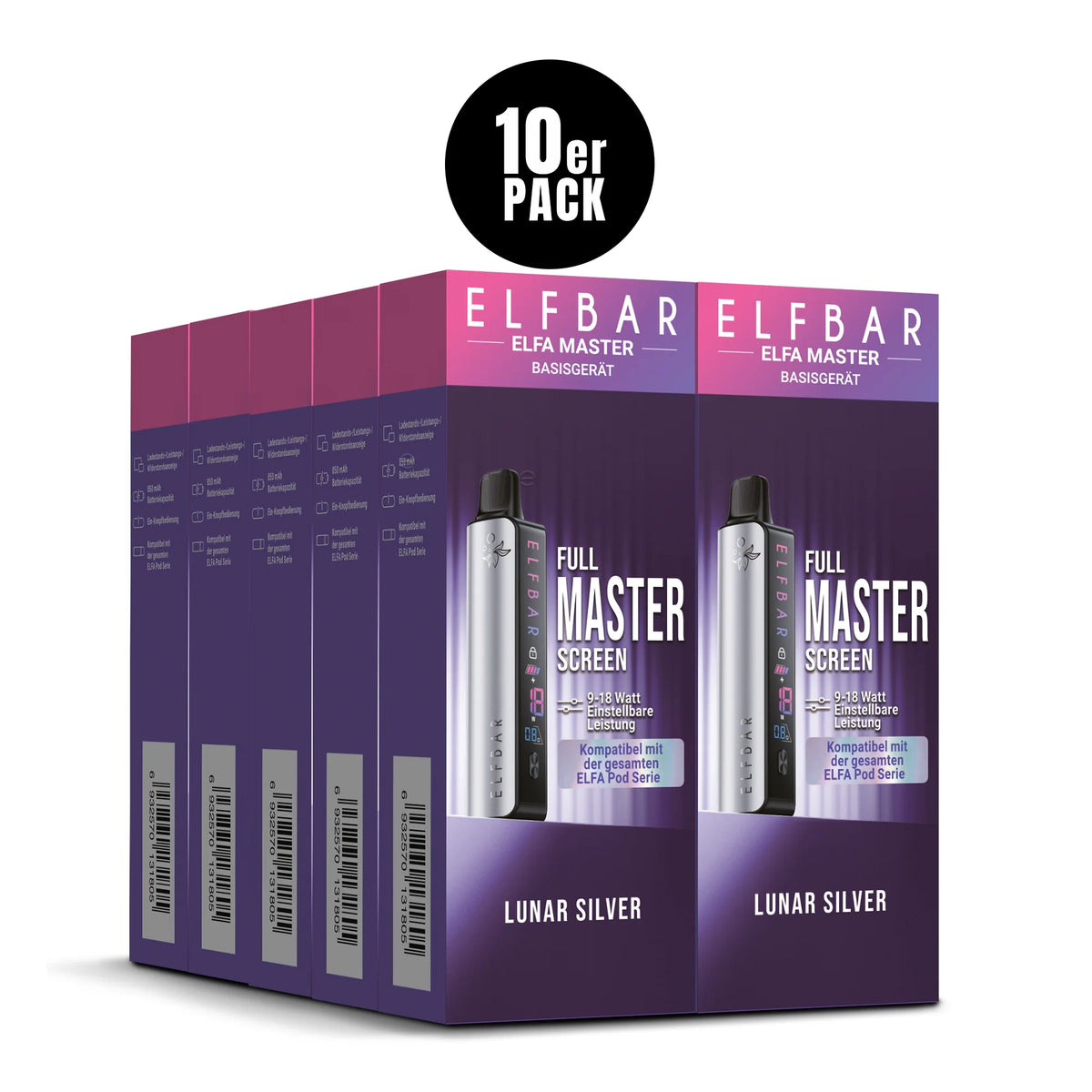 ELFA Master Basisgerät Lunar Silver 10er Pack – 10 Akkuträger 850 mAh mit Display, USB-C, ELFA kompatibel