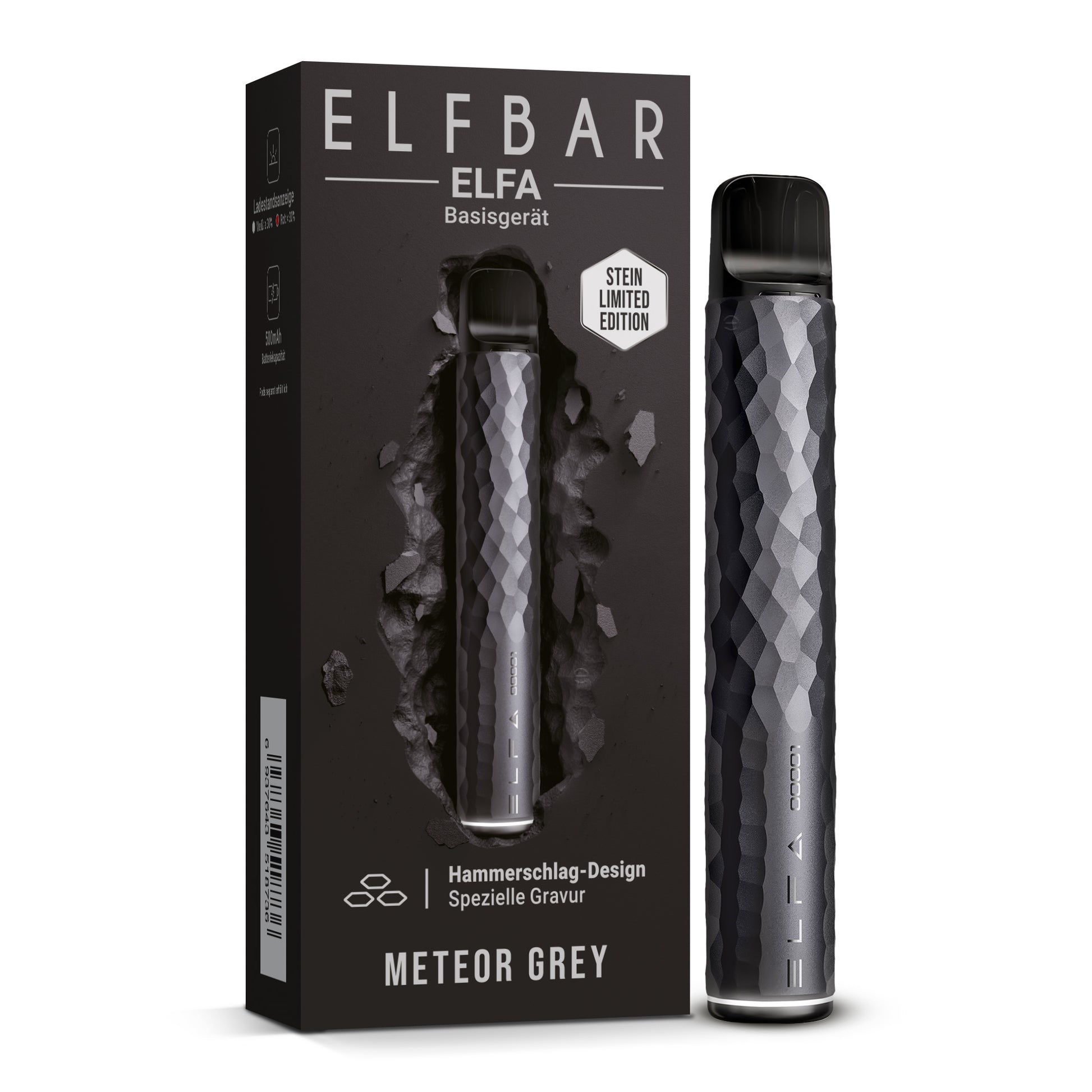 ELFBAR ELFA Basisgerät Meteor Grey – Stein Limited Edition Akkuträger 500mAh mit Hammerschlag-Design, Verpackung & Gerät