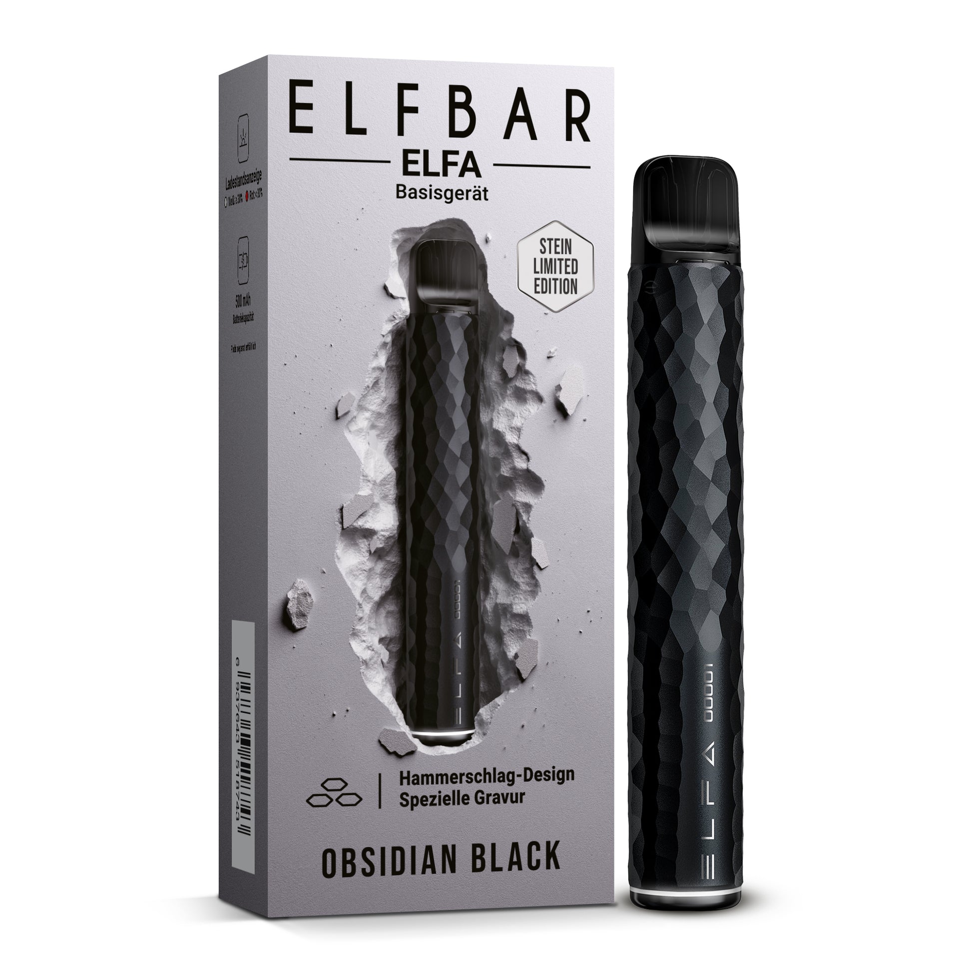 ELFBAR ELFA Basisgerät Obsidian Black – Stein Limited Edition Akkuträger 500mAh mit Hammerschlag-Design, Verpackung & Gerät