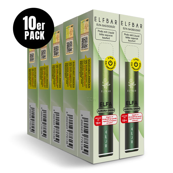 ELFA Pod Kit Basisgerät Aurora Green – 10er Pack, wiederaufladbarer Akkuträger 500 mAh USB-C für ELFA & ELFA PRO