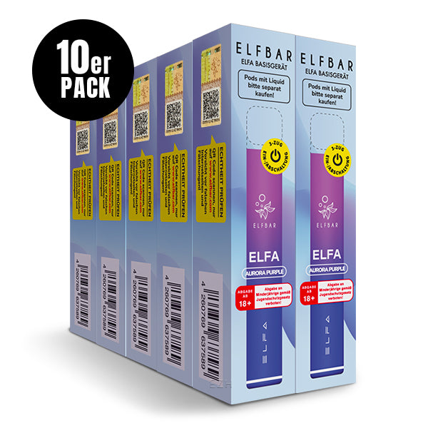 ELFA Pod Kit Basisgerät Aurora Purple – 10er Pack, wiederaufladbarer Akkuträger 500 mAh USB-C für ELFA & ELFA PRO