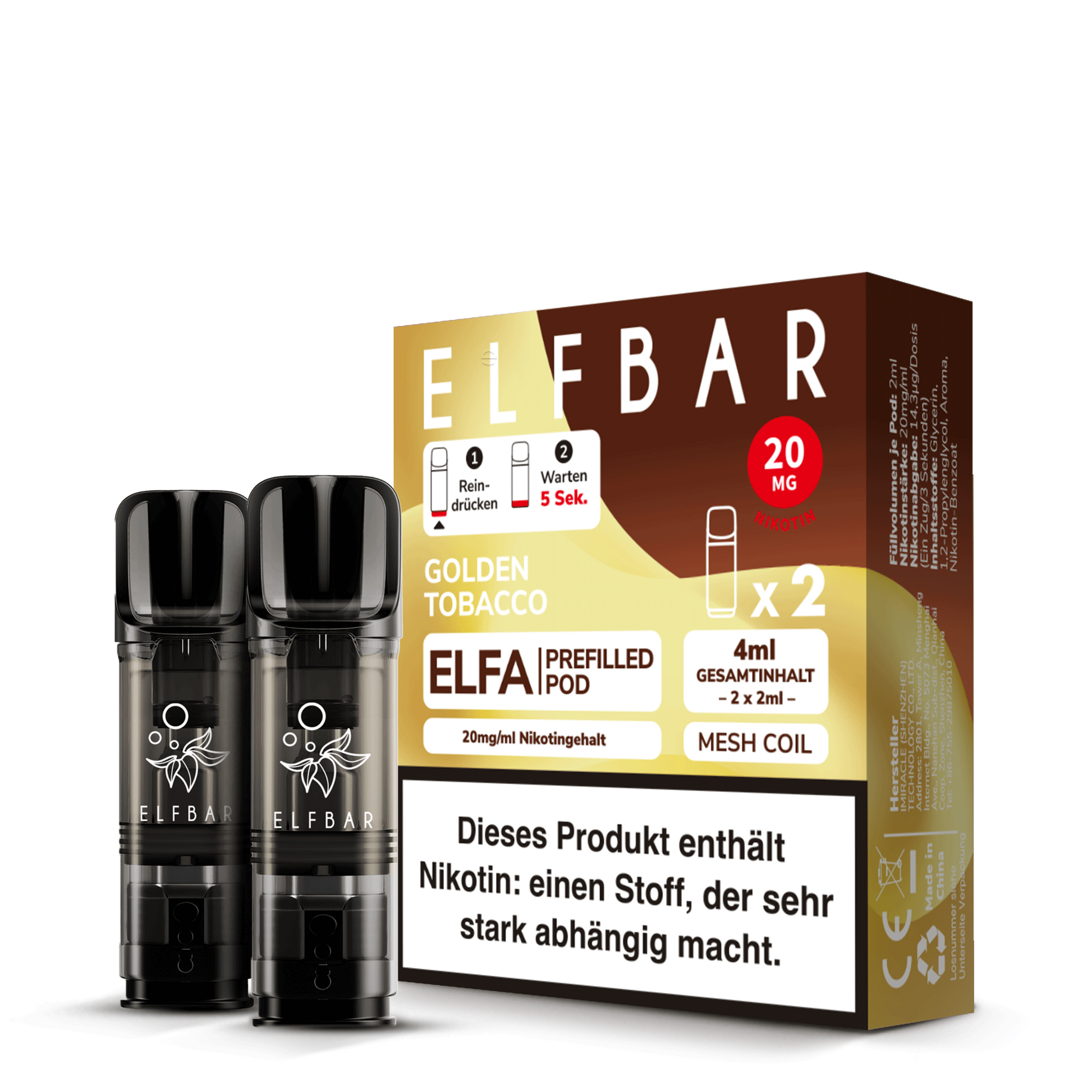 Elfbar ELFA Prefilled Pods Golden Tobacco 2er Pack mit Verpackung 20mg Nikotinsalz