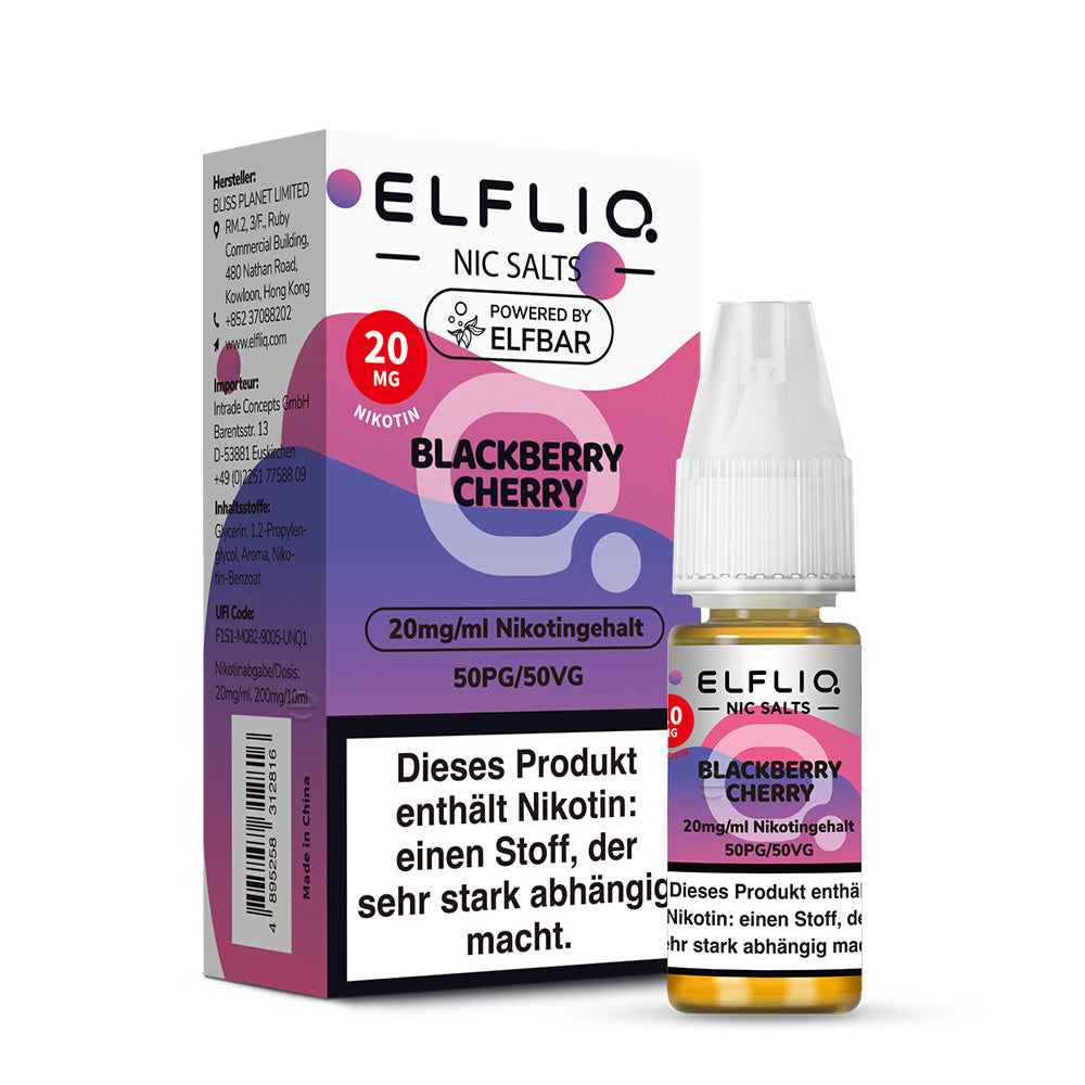 ELFLIQ Blackberry Cherry Nikotinsalz Liquid 10ml – 10mg & 20mg, Verpackung & Flasche, Powered by Elfbar (50PG/50VG)