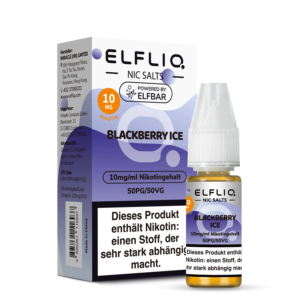 ELFLIQ Blackberry Ice Nikotinsalz Liquid 10ml – 10mg & 20mg, Verpackung & Flasche, Powered by Elfbar (50PG/50VG)