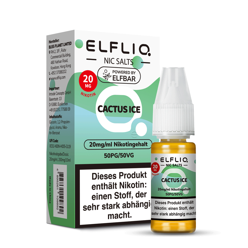 ELFLIQ Cactus Ice Nikotinsalz Liquid 10ml – 10mg & 20mg, Verpackung & Flasche, Powered by Elfbar (50PG/50VG)
