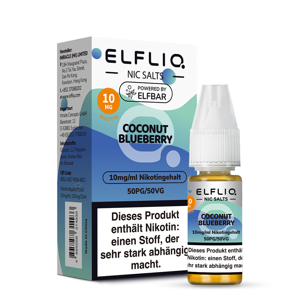 ELFLIQ Coconut Blueberry Nikotinsalz Liquid 10ml – 10mg & 20mg, Verpackung & Flasche, Powered by Elfbar (50PG/50VG)