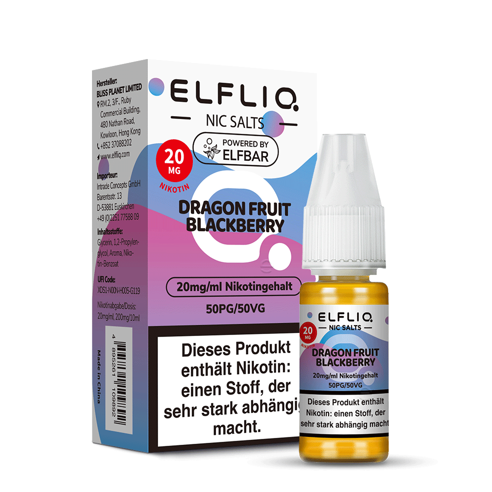 ELFLIQ Dragon Fruit Blackberry 20mg Nikotinsalz Liquid 10ml – Verpackung & Flasche, Powered by Elfbar (50PG/50VG)