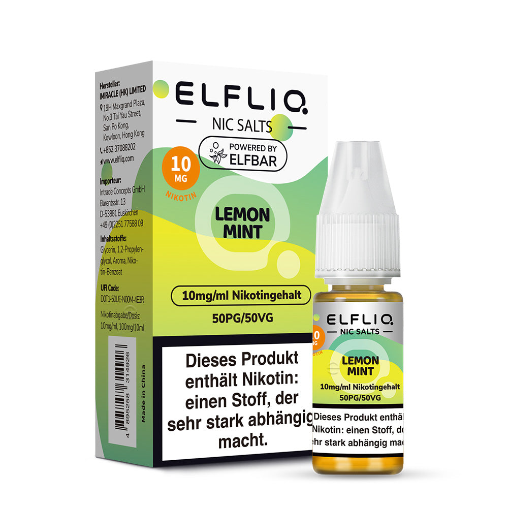 ELFLIQ Lemon Mint Nikotinsalz Liquid 10ml – 10mg & 20mg, Verpackung & Flasche, Powered by Elfbar (50PG/50VG)