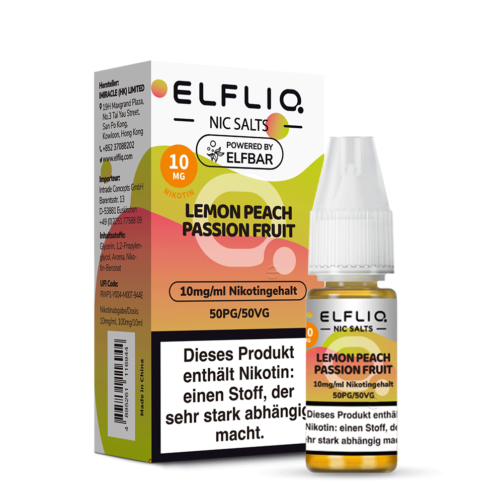 ELFLIQ Lemon Peach Passion Fruit Nikotinsalz Liquid 10ml – 10mg & 20mg, Verpackung & Flasche, Powered by Elfbar (50PG/50VG)