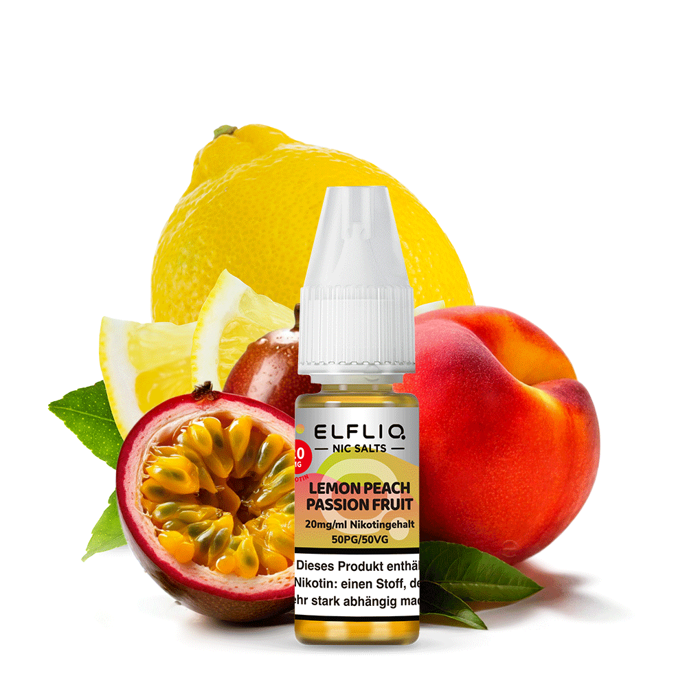 ELFLIQ Lemon Peach Passion Fruit Nikotinsalz Liquid 10ml – 10mg & 20mg, Verpackung & Flasche, Powered by Elfbar (50PG/50VG)