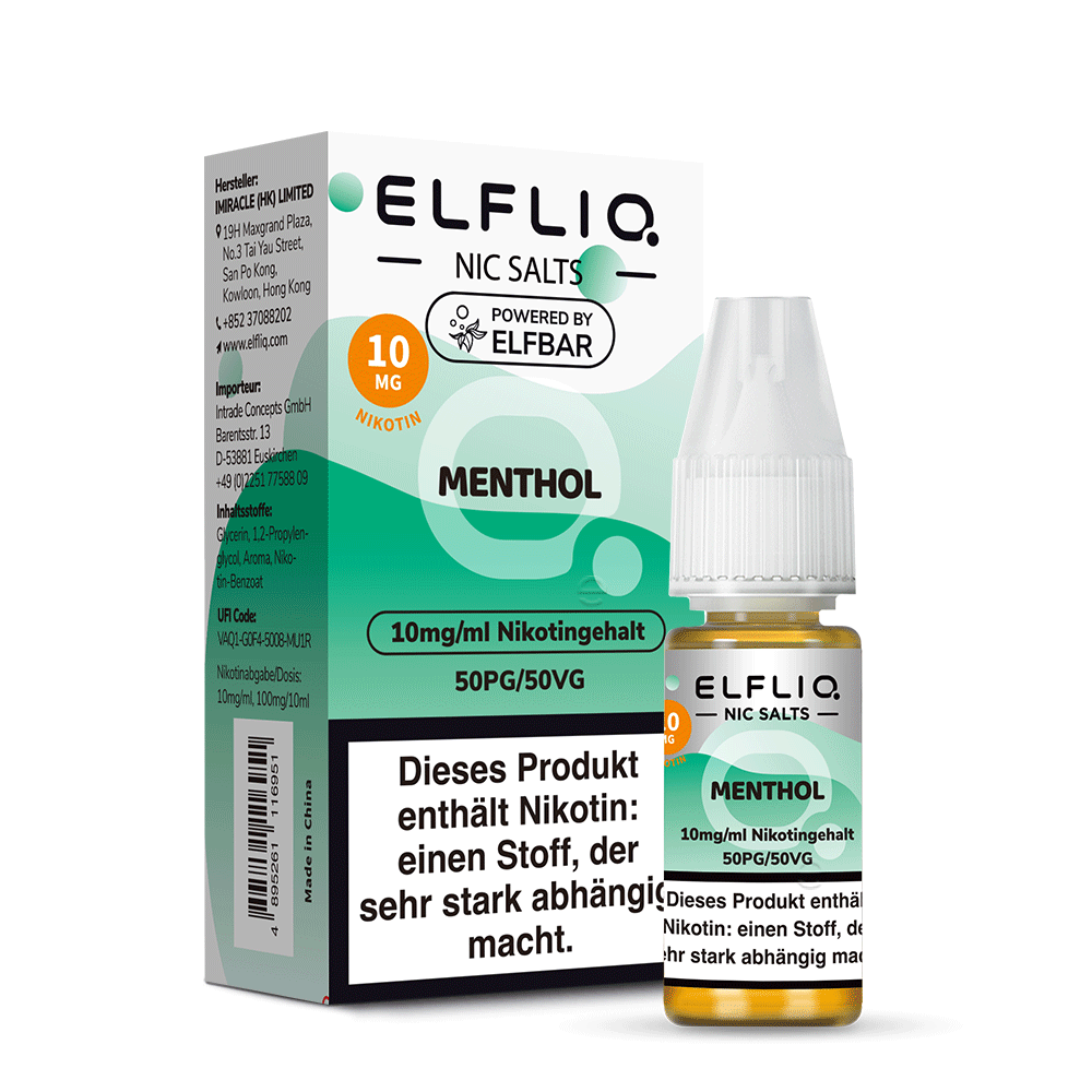ELFLIQ Menthol Nikotinsalz Liquid 10ml – 10mg & 20mg, Verpackung & Flasche, Powered by Elfbar (50PG/50VG)