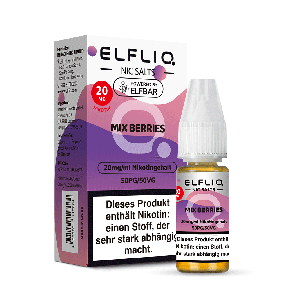 ELFLIQ Mix Berries Nikotinsalz Liquid 10ml – 10mg & 20mg, Verpackung & Flasche, Powered by Elfbar (50PG/50VG)