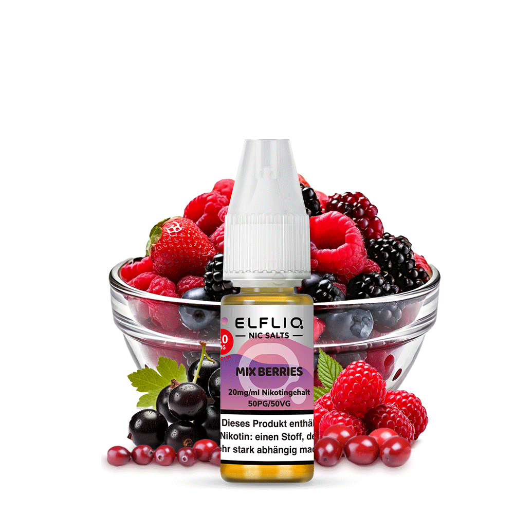 ELFLIQ Mix Berries Nikotinsalz Liquid 10ml – 10mg & 20mg, Verpackung & Flasche, Powered by Elfbar (50PG/50VG)
