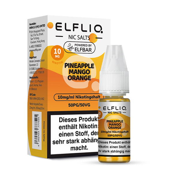 ELFLIQ Pineapple Mango Orange Nikotinsalz Liquid 10ml – 10mg & 20mg, Verpackung & Flasche, Powered by Elfbar (50PG/50VG)