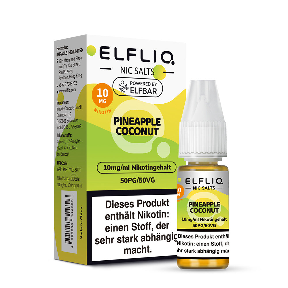 ELFLIQ Pineapple Coconut Nikotinsalz Liquid 10ml – 10mg & 20mg, Verpackung & Flasche, Powered by Elfbar (50PG/50VG)