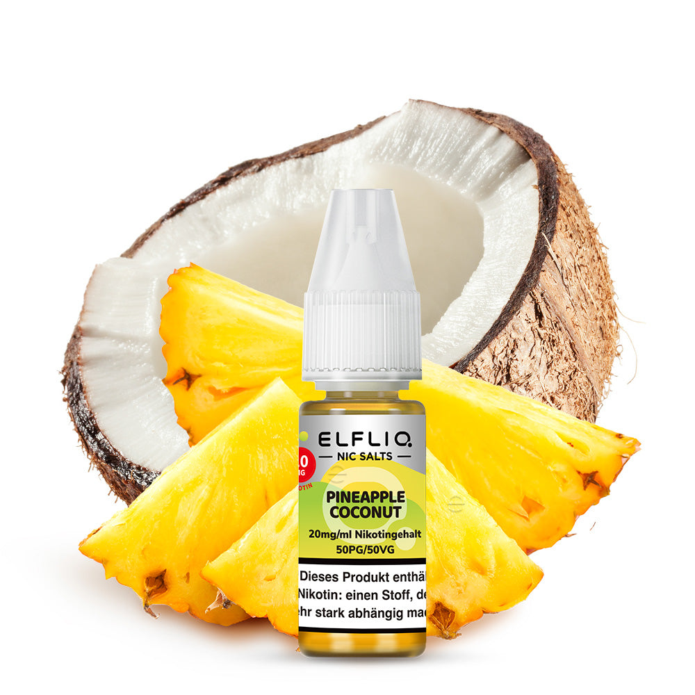 ELFLIQ Pineapple Coconut Nikotinsalz Liquid 10ml – 10mg & 20mg, Verpackung & Flasche, Powered by Elfbar (50PG/50VG)