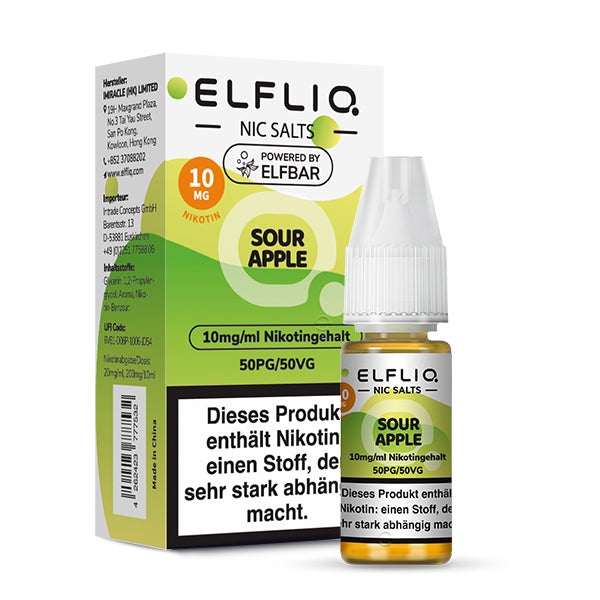 ELFLIQ Sour Apple Nikotinsalz Liquid 10ml – 10mg & 20mg, Verpackung & Flasche, Powered by Elfbar (50PG/50VG)