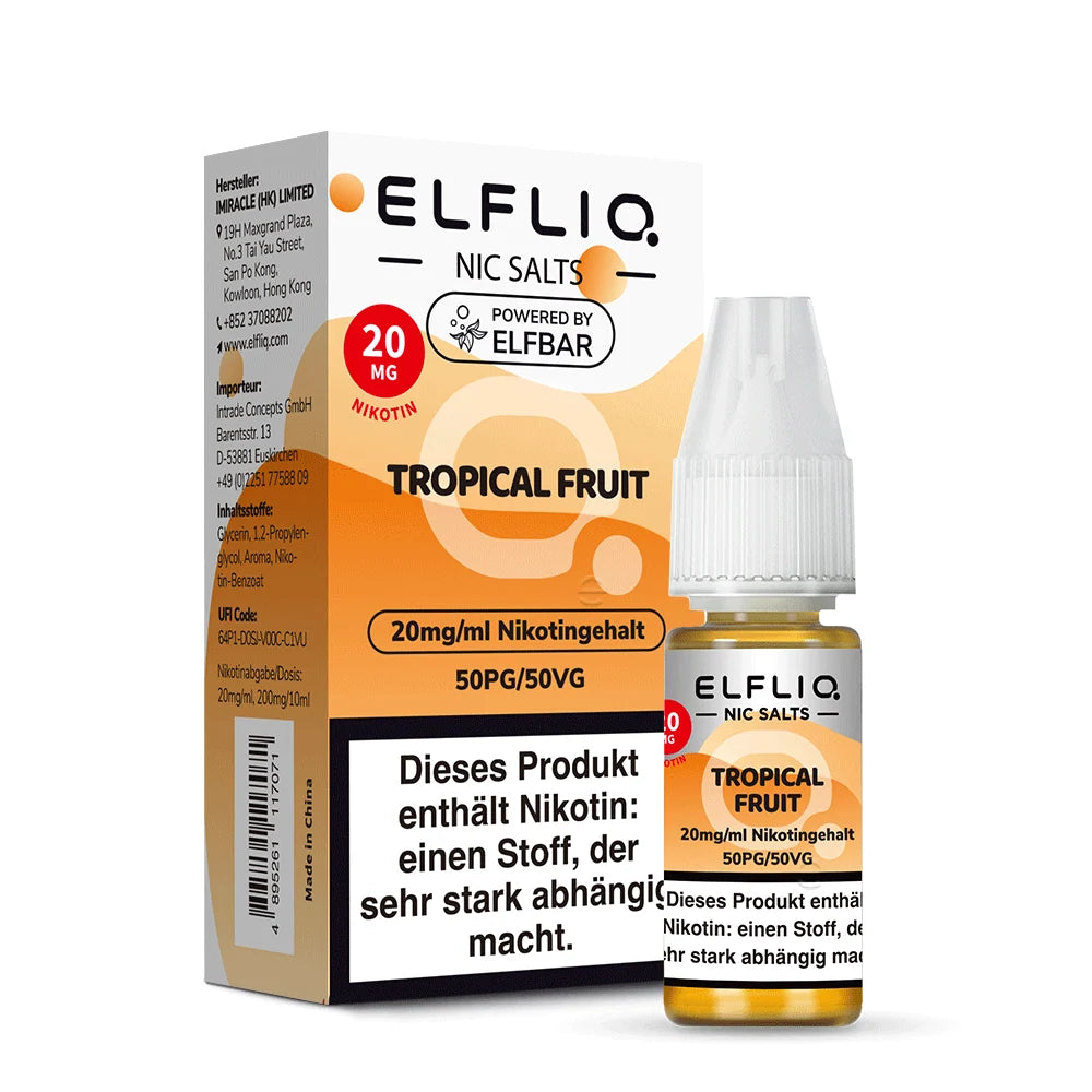 ELFLIQ Tropical Fruit 20mg Nikotinsalz Liquid 10ml – Verpackung & Flasche, Powered by Elfbar (50PG/50VG)