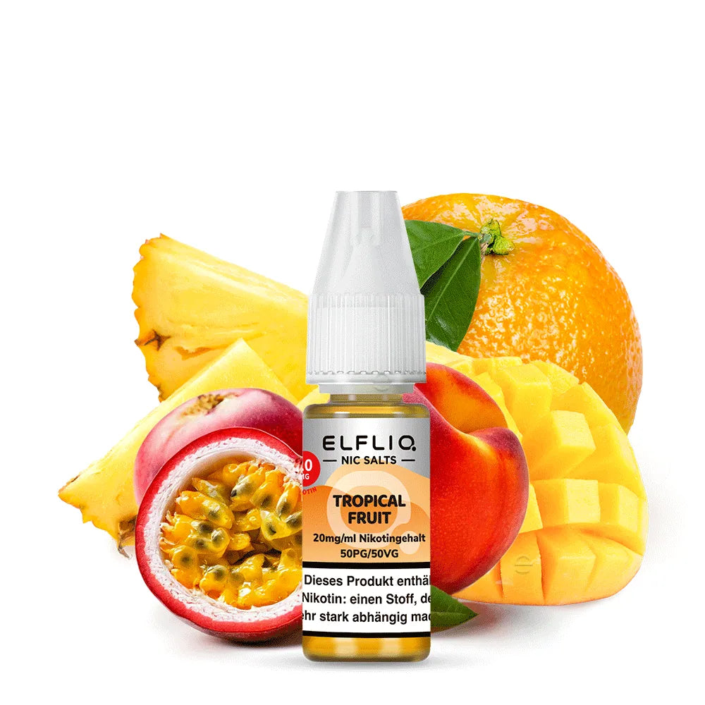 ELFLIQ Tropical Fruit 20mg Nikotinsalz Liquid 10ml – Verpackung & Flasche, Powered by Elfbar (50PG/50VG)