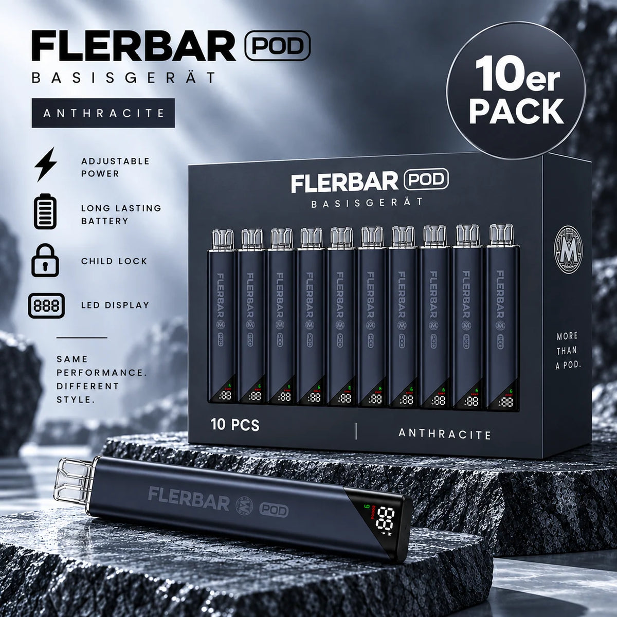 Flerbar M Basisgerät Anthrazit 10er Pack – 10 Akkus 650 mAh mit Display & USB-C, Mehrweg Pod-System (ohne Pods)