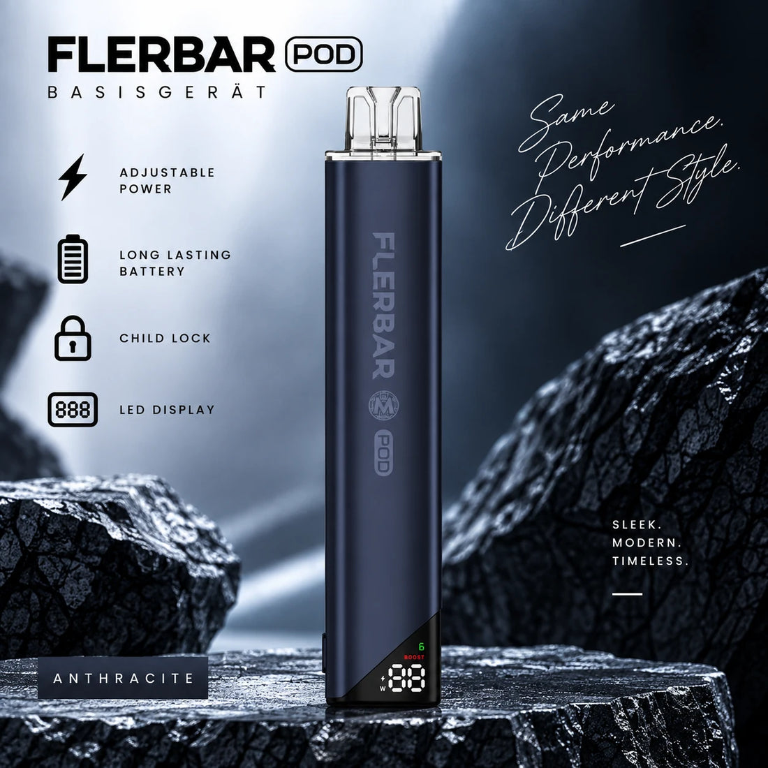 Flerbar M Basisgerät Anthrazit – wiederaufladbarer Akku / Akkuträger 650 mAh mit Display, USB-C, für Flerbar M Pods (Pods separat)