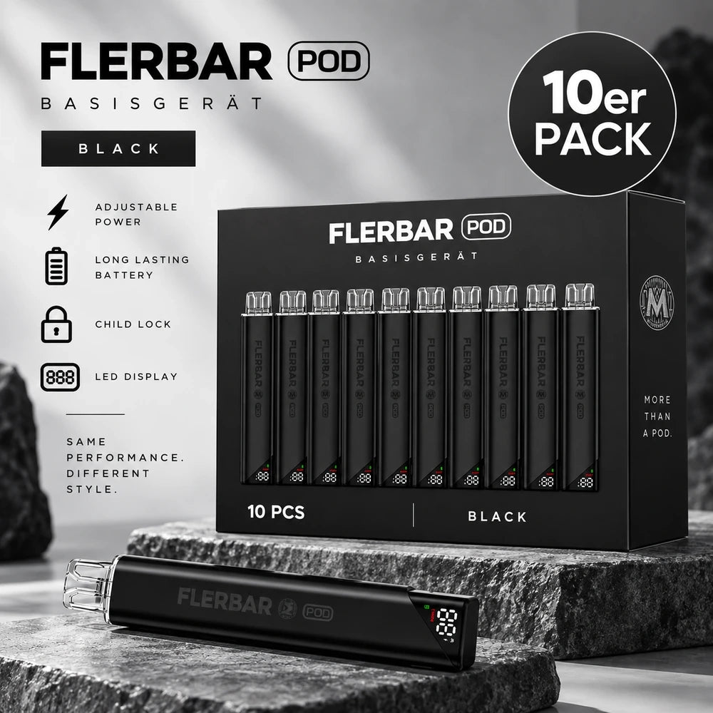 Flerbar M Pod Basisgerät Black 10er Pack – 10 Akkuträger 650 mAh mit LED-Display & USB-C, Pod-System für Flerbar Pods (ohne Pods)