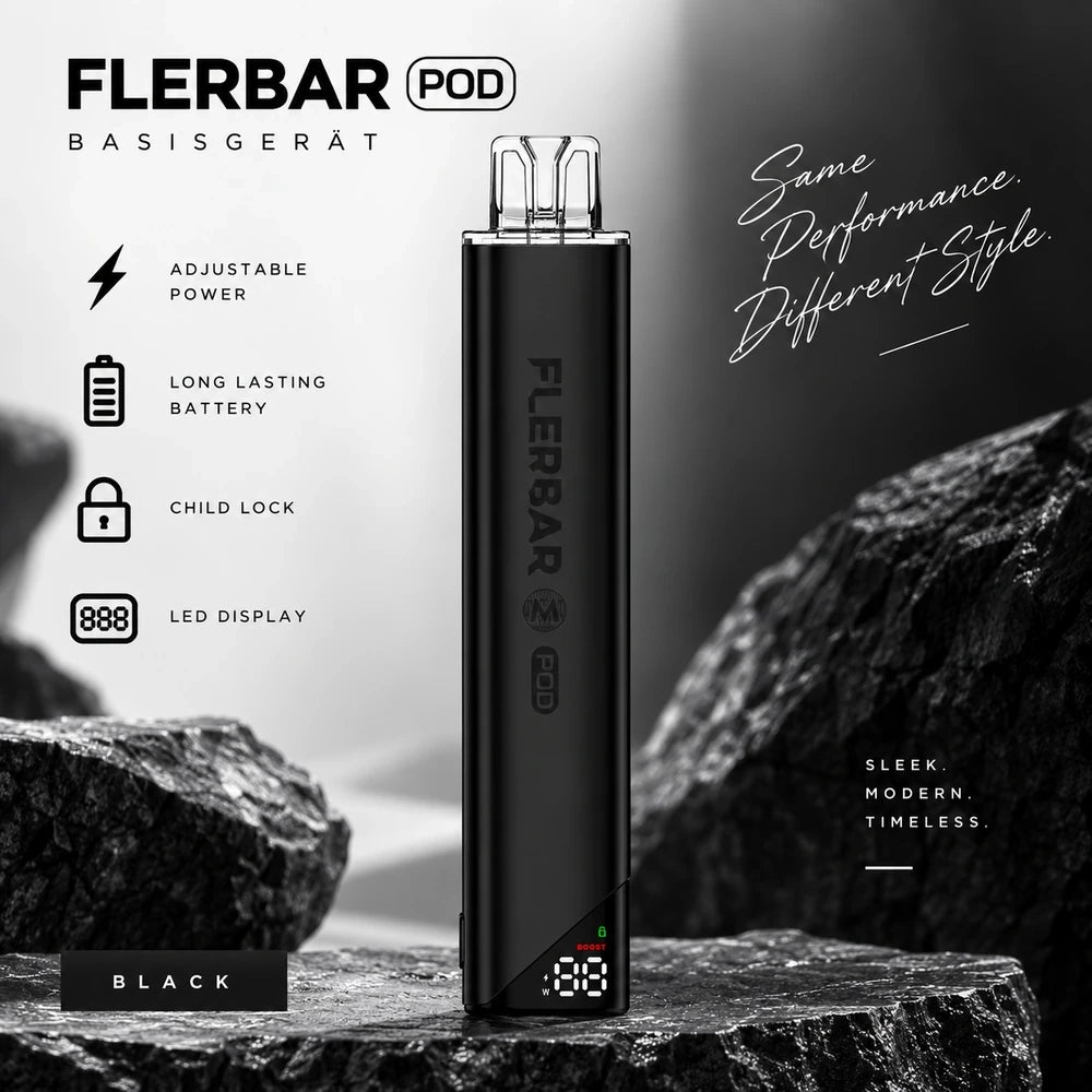 Flerbar M Pod Basisgerät Black – Akkuträger 650 mAh mit Display & USB-C, Mehrweg Pod-System für Flerbar Pods (Akku, ohne Pods)